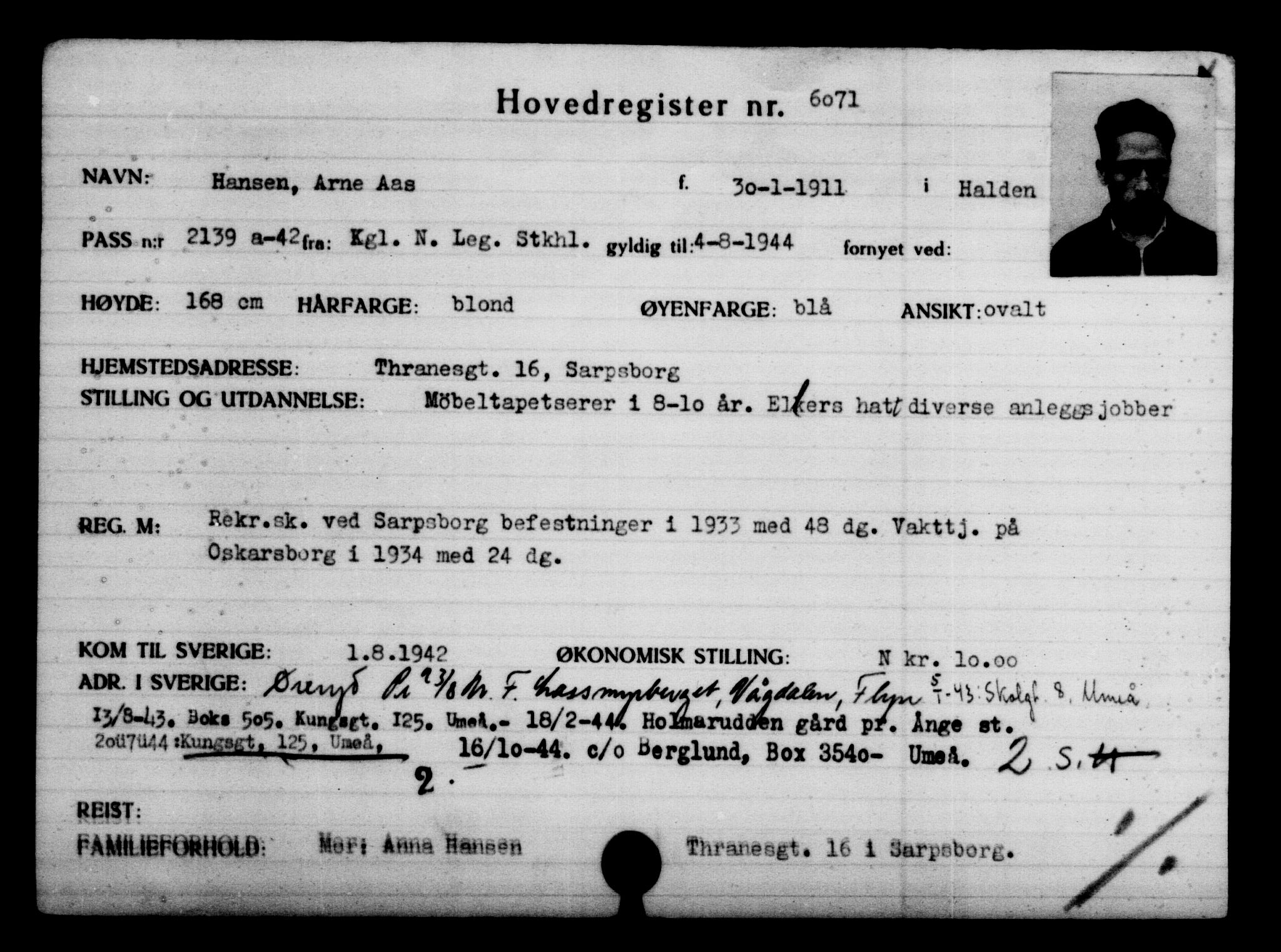 Den Kgl. Norske Legasjons Flyktningskontor, AV/RA-S-6753/V/Va/L0004: Kjesäterkartoteket.  Flyktningenr. 3496-6610, 1940-1945, p. 3015