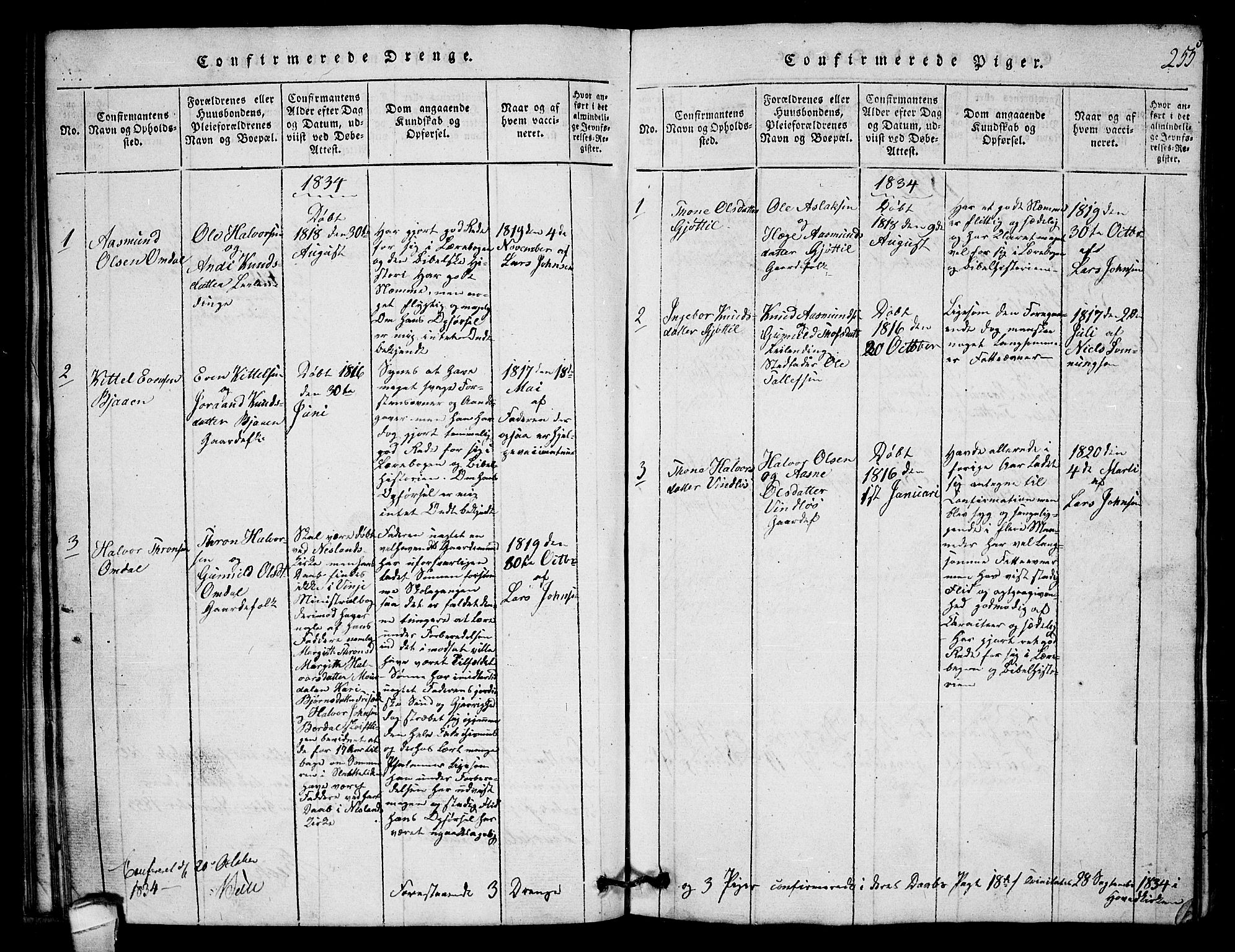 Lårdal kirkebøker, SAKO/A-284/G/Gb/L0001: Parish register (copy) no. II 1, 1815-1865, p. 255