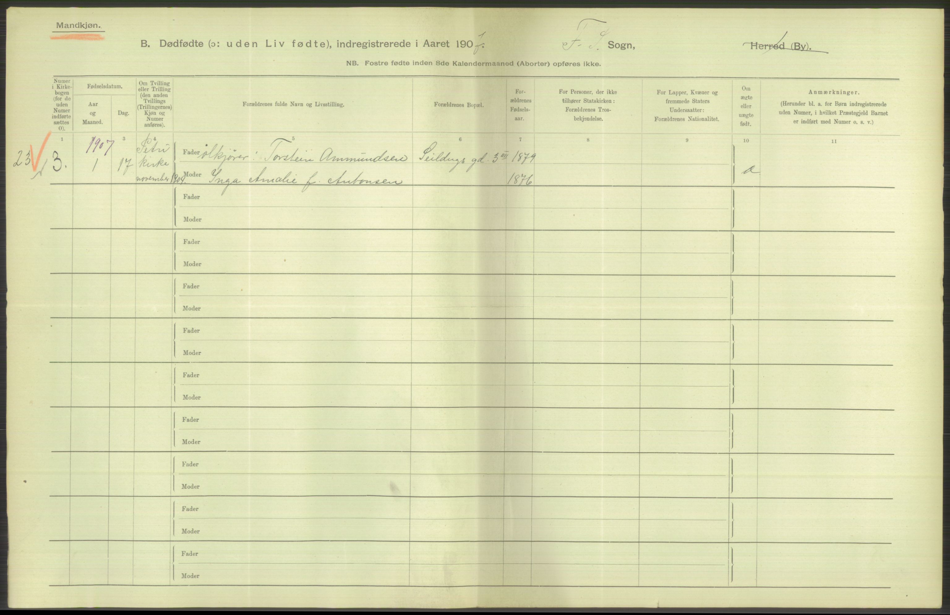 Statistisk sentralbyrå, Sosiodemografiske emner, Befolkning, RA/S-2228/D/Df/Dfa/Dfae/L0010: Kristiania: Døde, dødfødte, 1907, p. 44