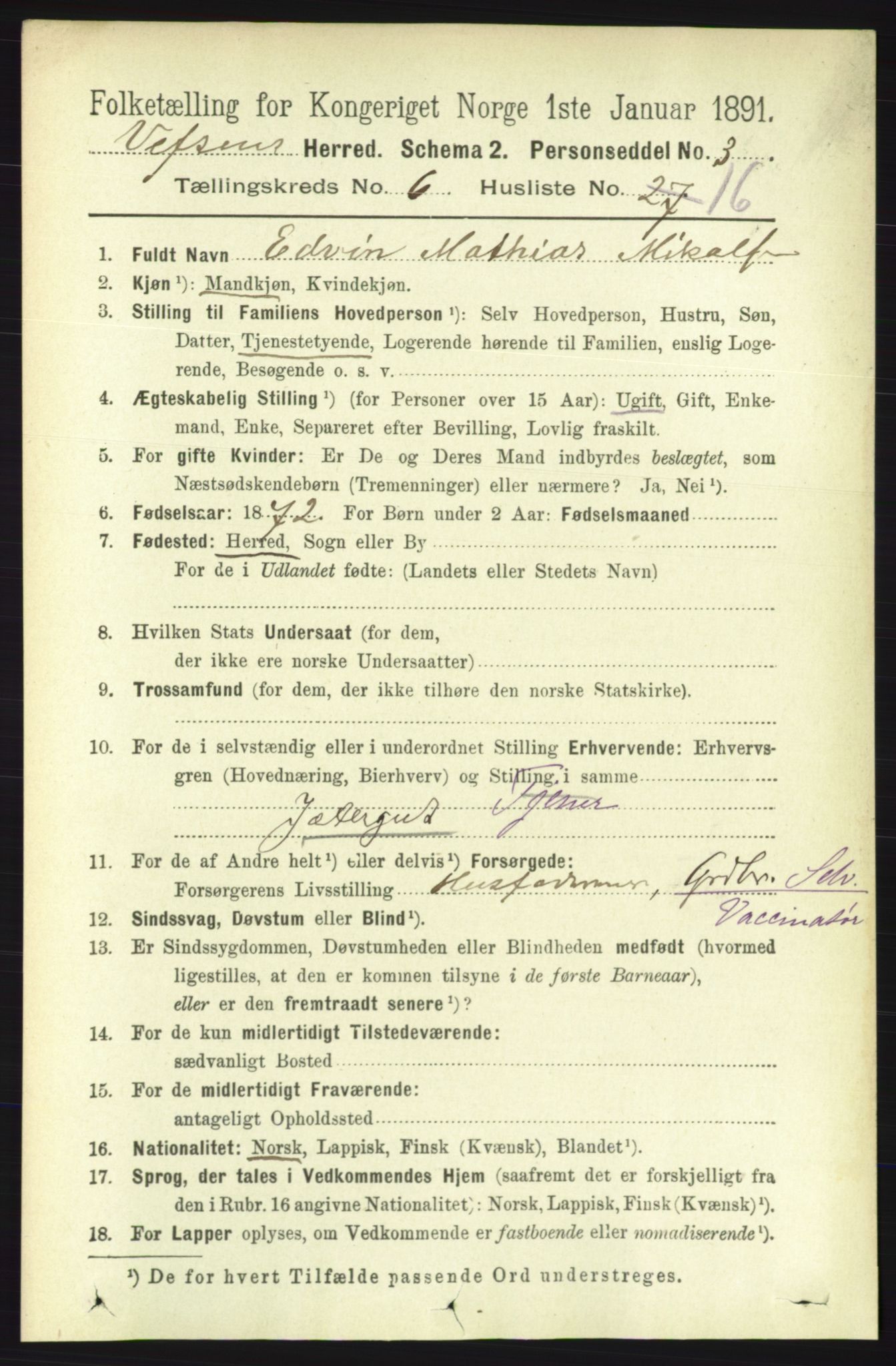RA, 1891 census for 1824 Vefsn, 1891, p. 2897