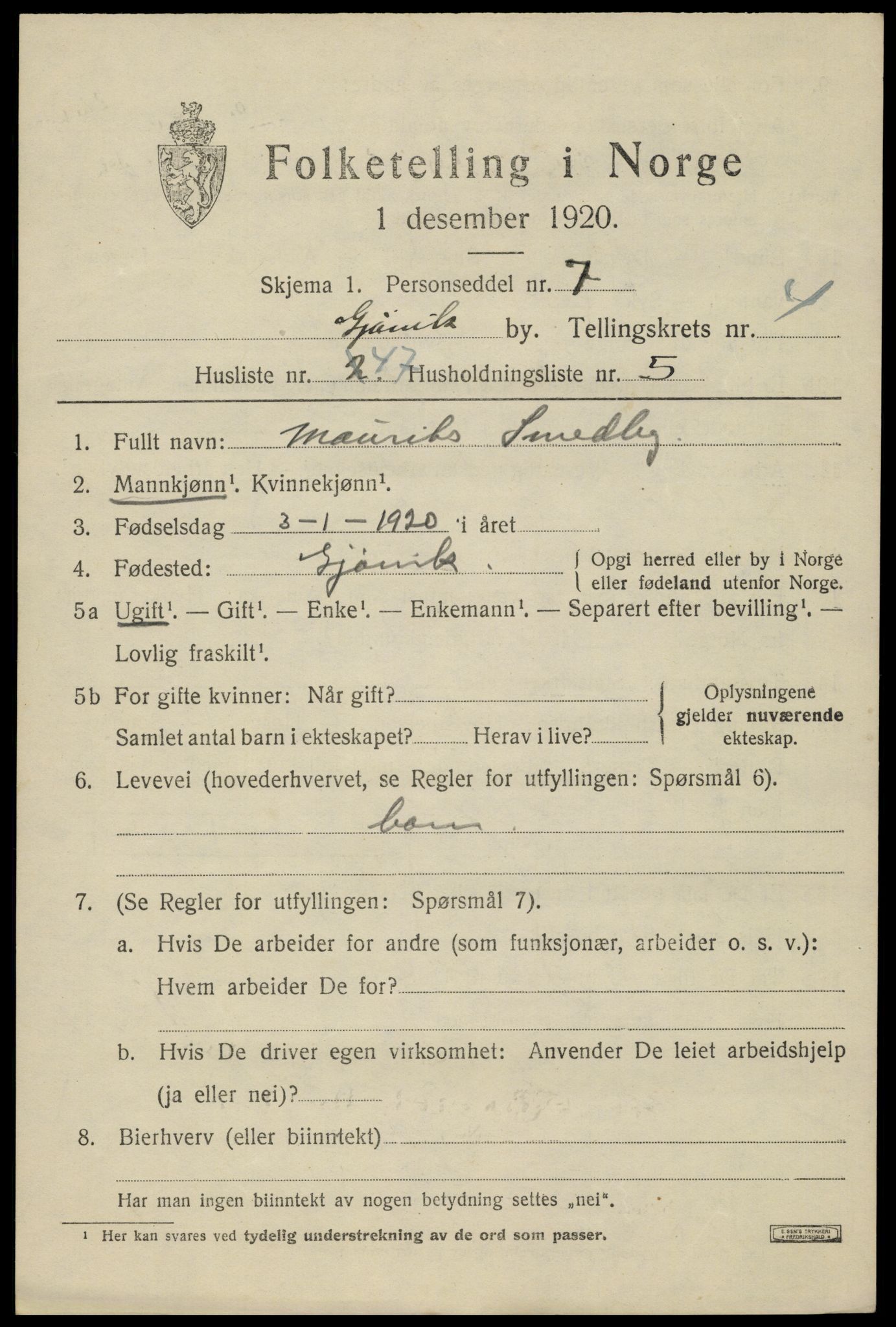 SAH, 1920 census for Gjøvik, 1920, p. 9930