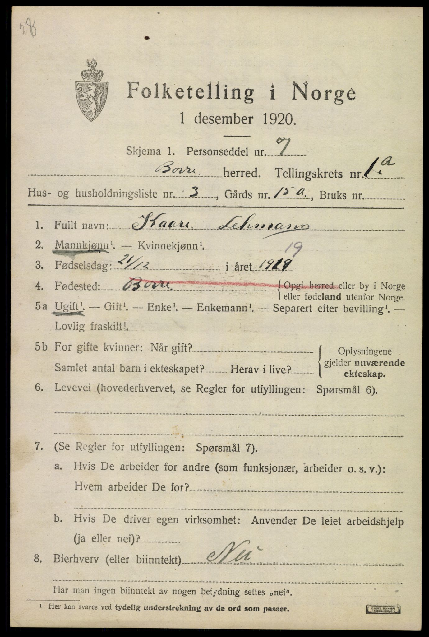 SAKO, 1920 census for Borre, 1920, p. 1420