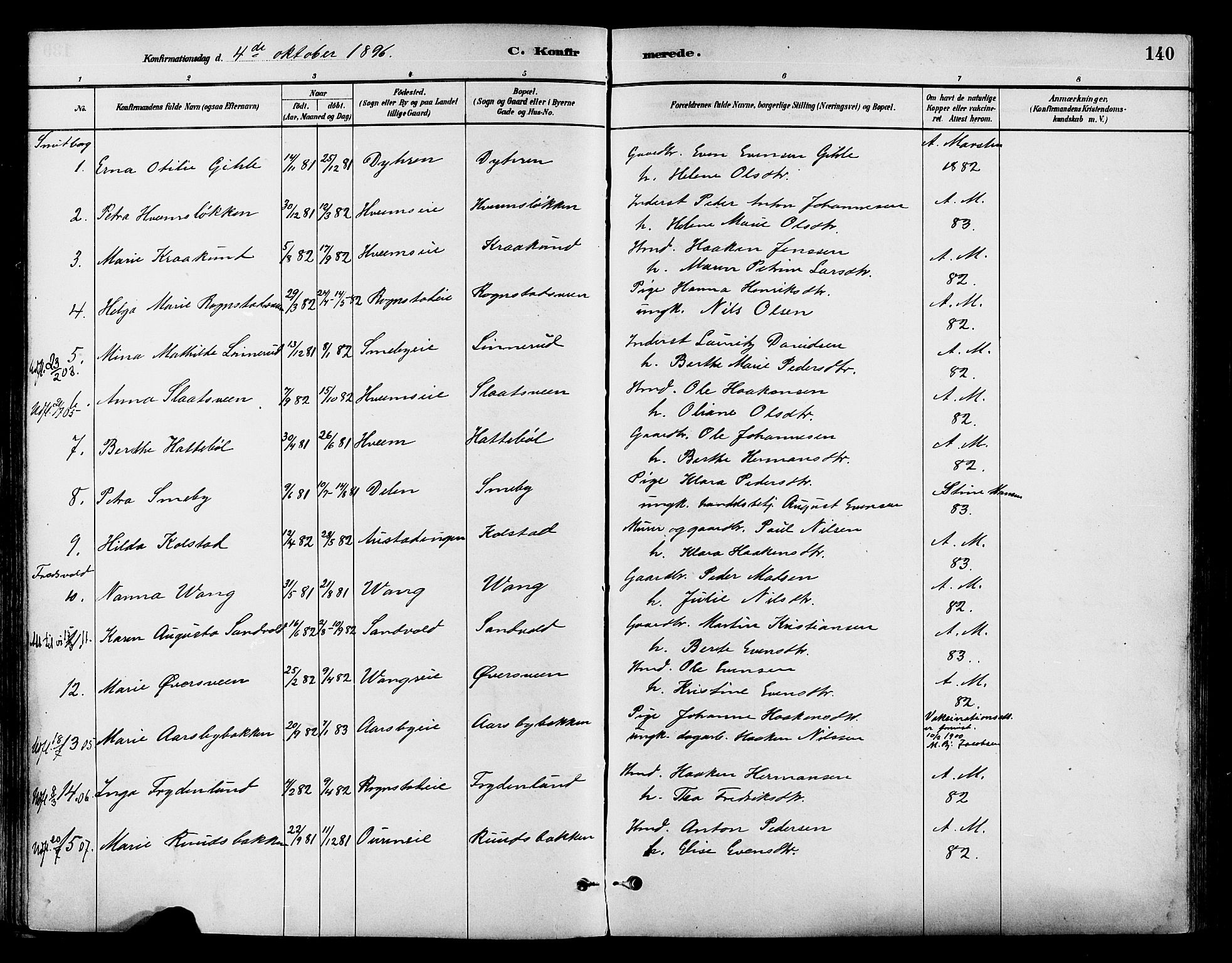 Østre Toten prestekontor, AV/SAH-PREST-104/H/Ha/Haa/L0007: Parish register (official) no. 7, 1881-1896, p. 140