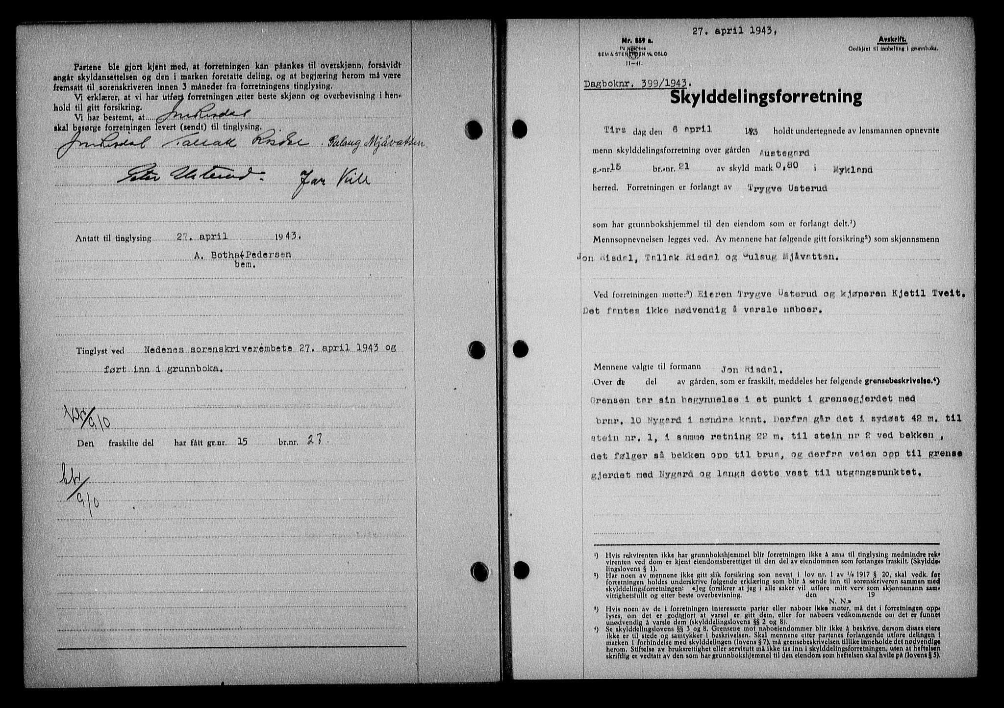 Nedenes sorenskriveri, SAK/1221-0006/G/Gb/Gba/L0050: Mortgage book no. A-IV, 1942-1943, Diary no: : 399/1943