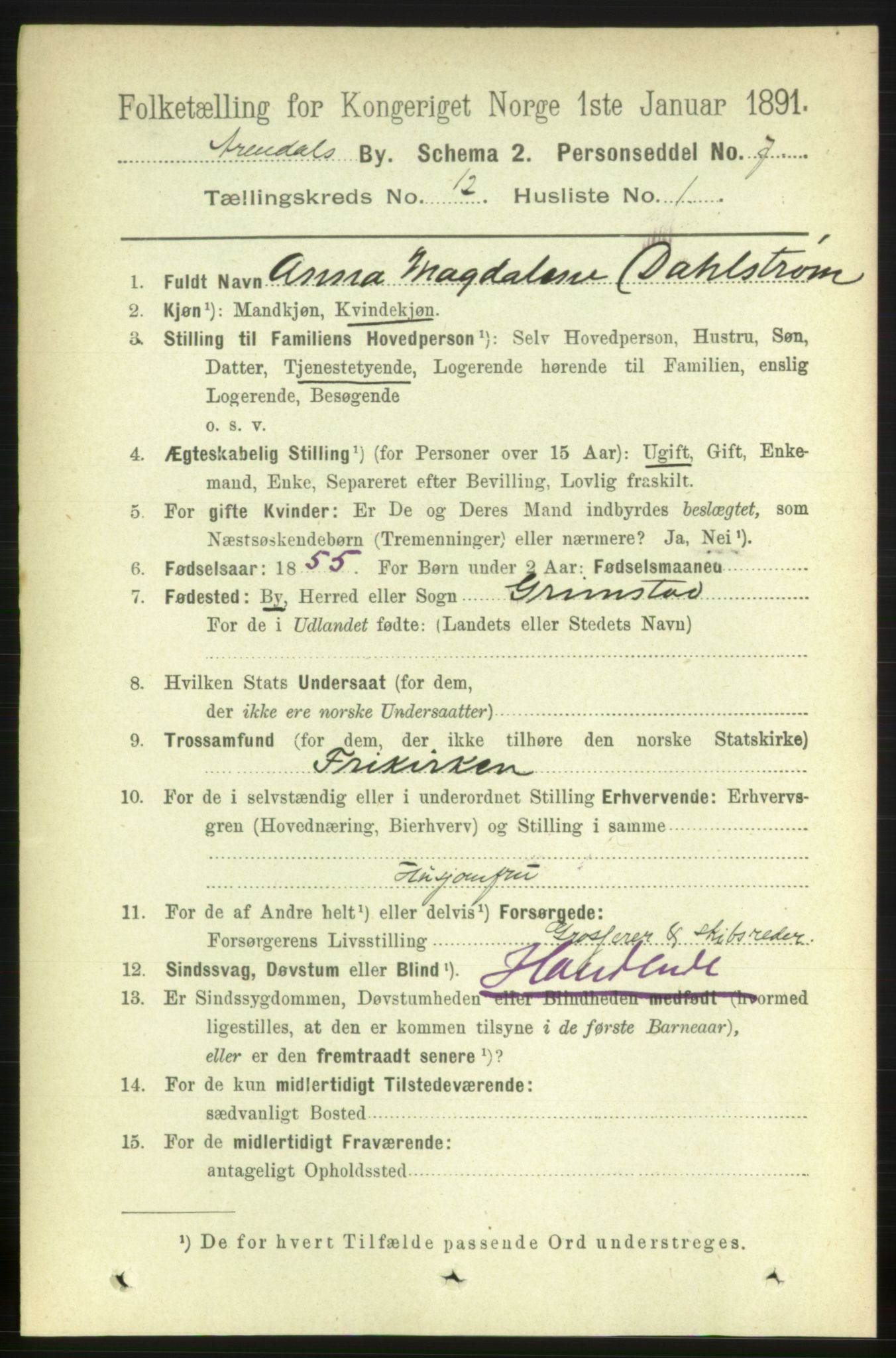 RA, 1891 census for 0903 Arendal, 1891, p. 4191