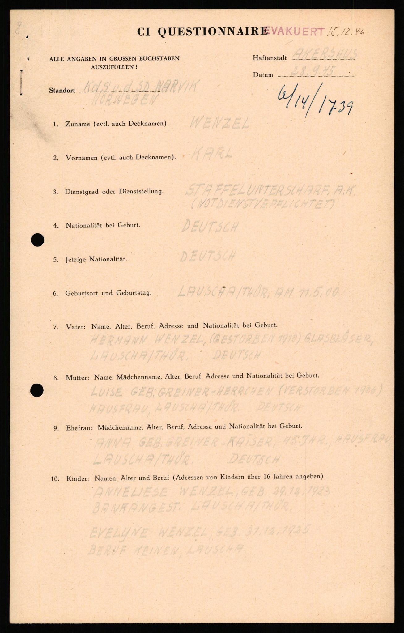 Forsvaret, Forsvarets overkommando II, AV/RA-RAFA-3915/D/Db/L0035: CI Questionaires. Tyske okkupasjonsstyrker i Norge. Tyskere., 1945-1946, p. 351