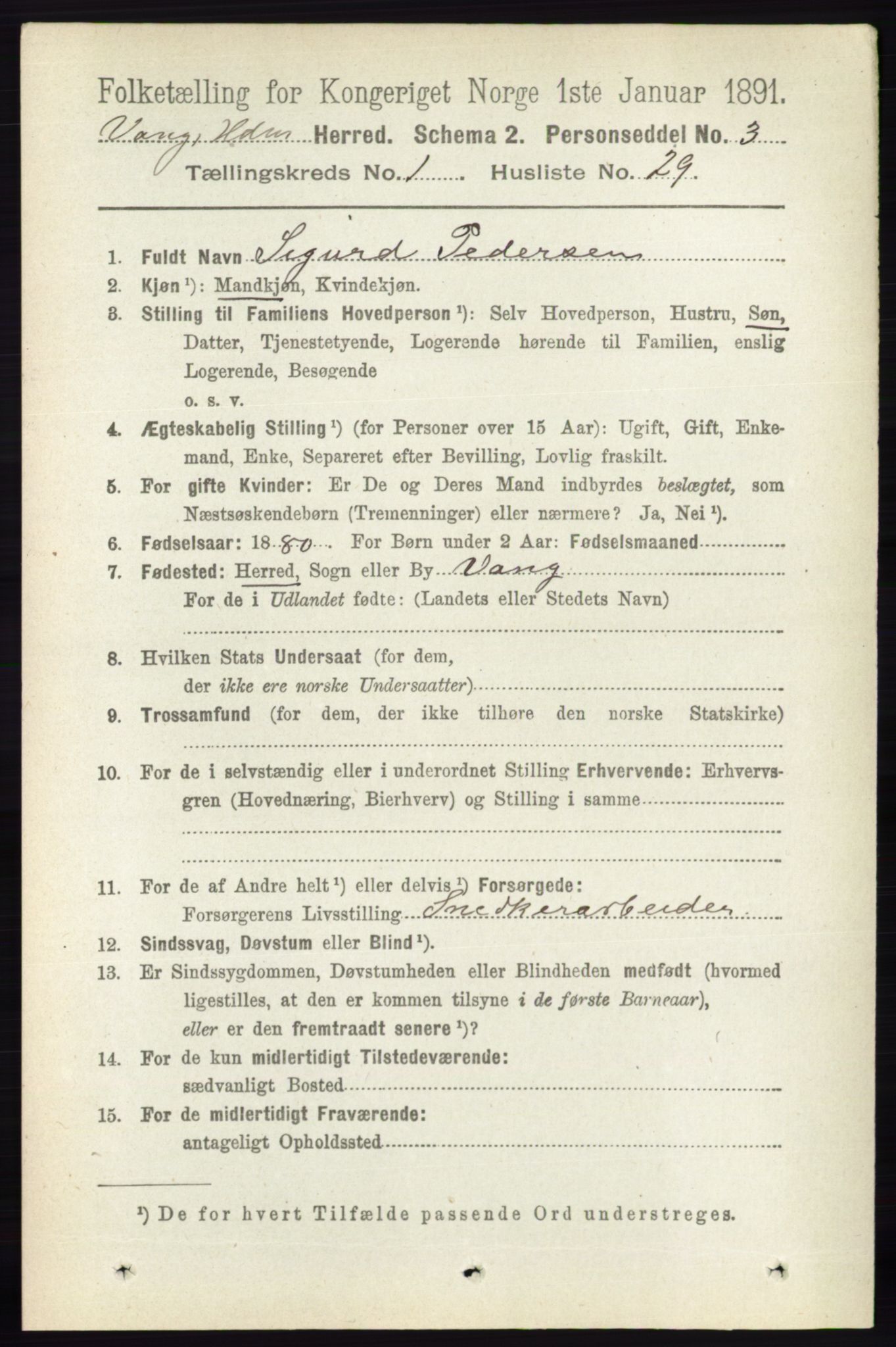 RA, 1891 census for 0414 Vang, 1891, p. 360