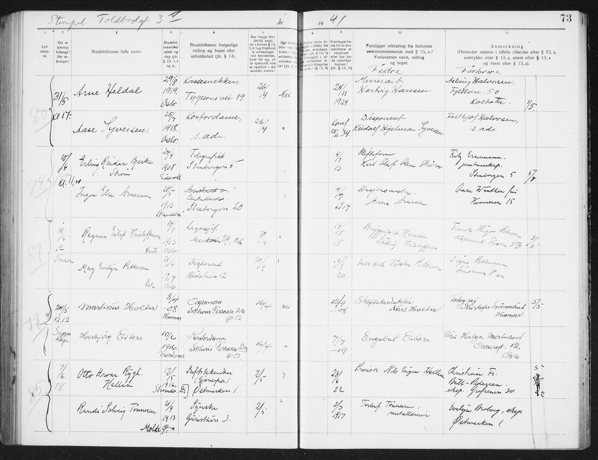 Østre Aker prestekontor Kirkebøker, AV/SAO-A-10840/H/Ha/L0009: Banns register no. I 9, 1939-1942, p. 73