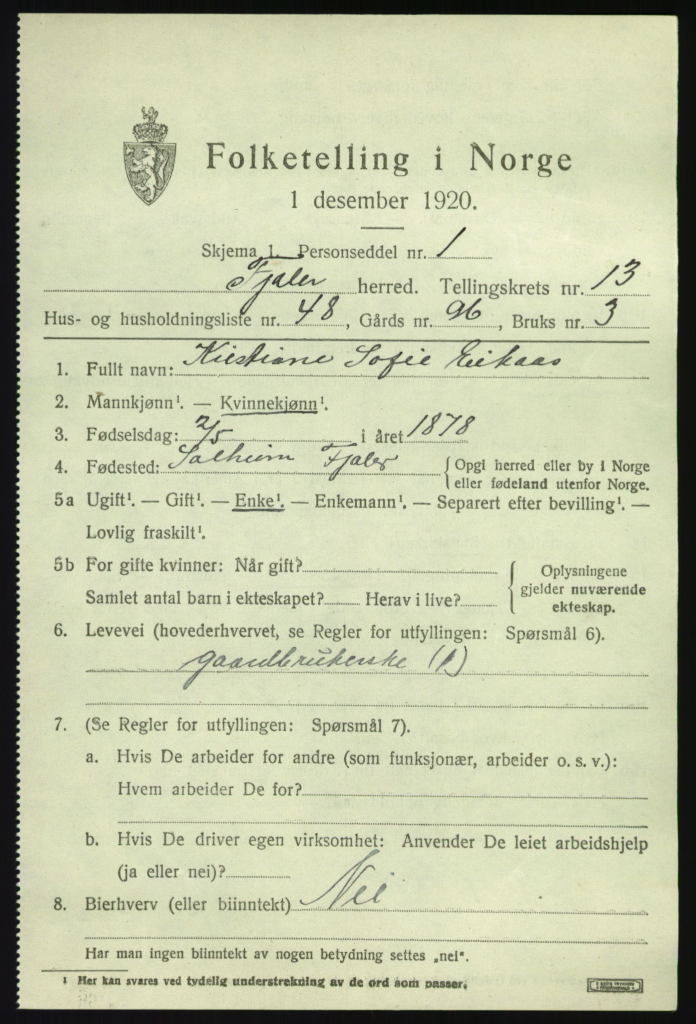 SAB, 1920 census for Fjaler, 1920, p. 7795