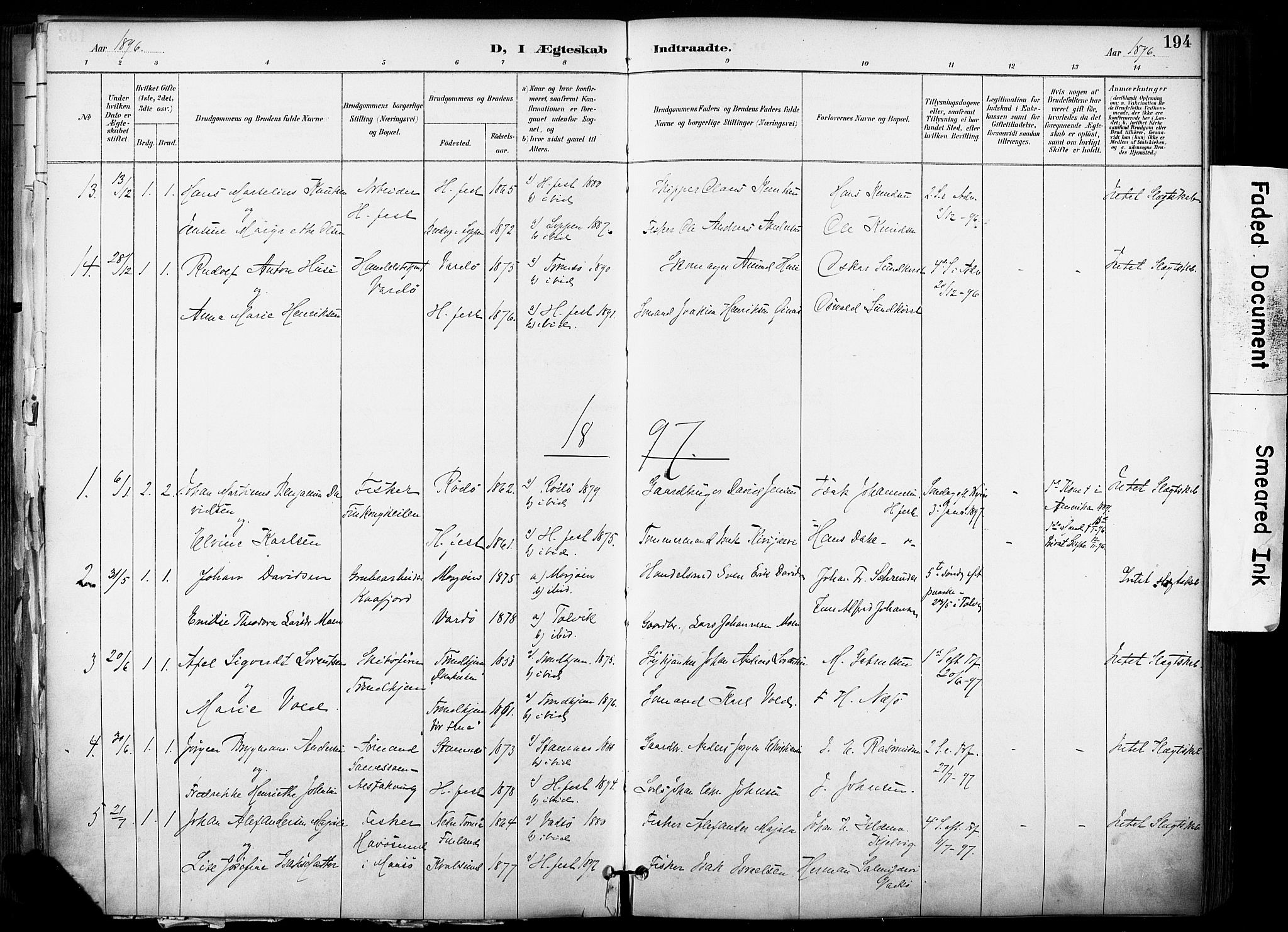 Hammerfest sokneprestkontor, AV/SATØ-S-1347/H/Ha/L0009.kirke: Parish register (official) no. 9, 1889-1897, p. 194