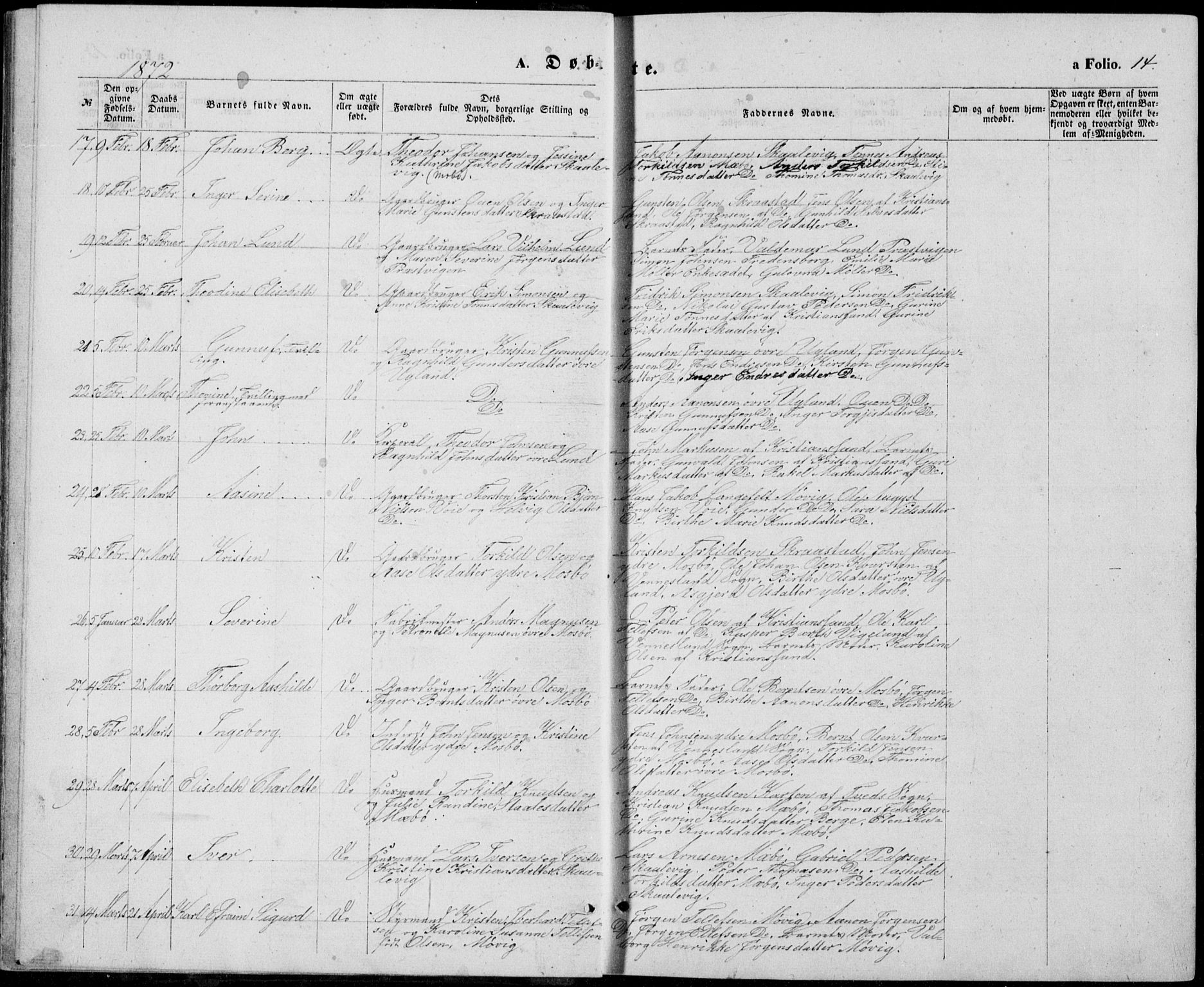 Oddernes sokneprestkontor, AV/SAK-1111-0033/F/Fb/Fba/L0007: Parish register (copy) no. B 7, 1869-1887, p. 14