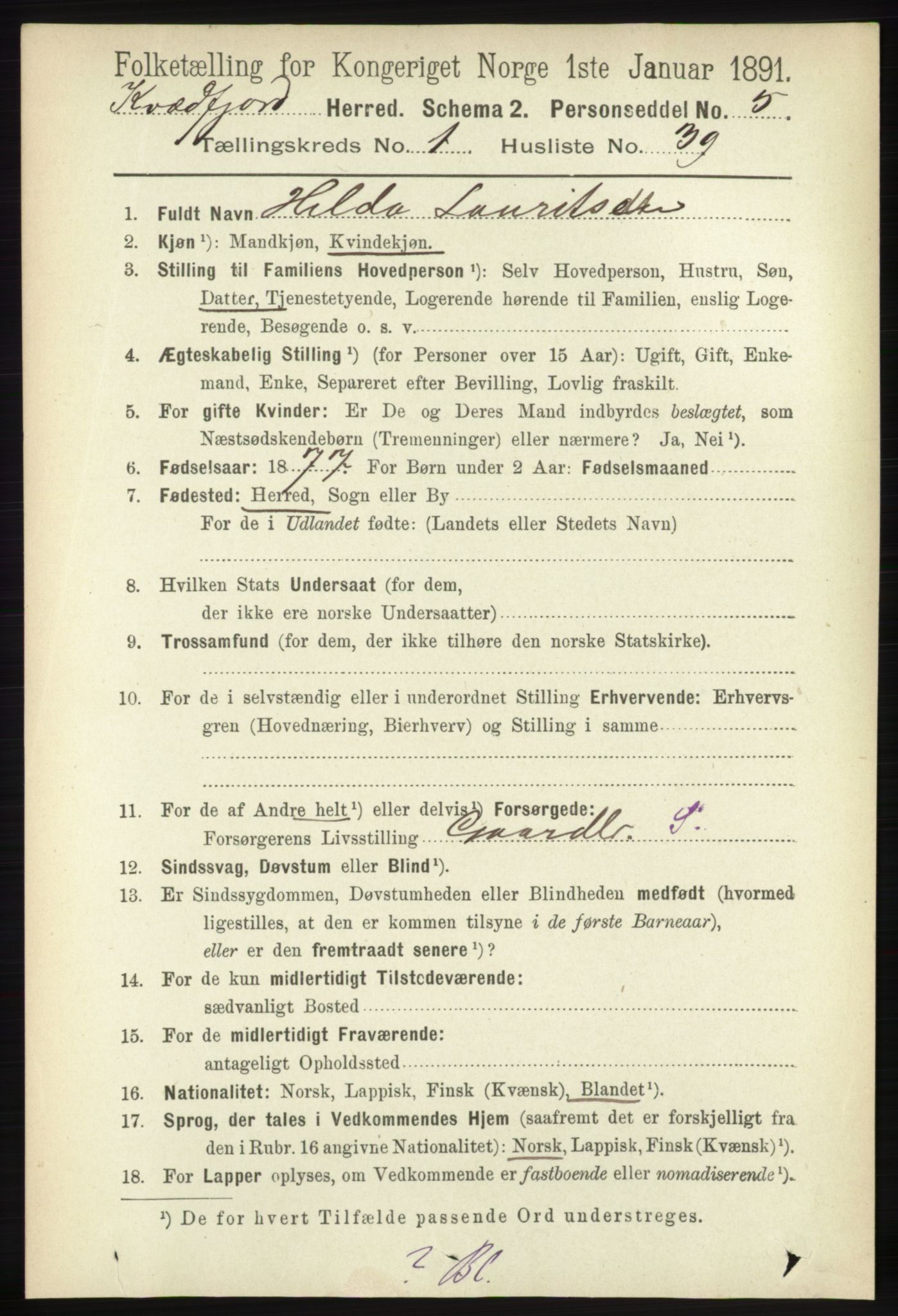 RA, 1891 census for 1911 Kvæfjord, 1891, p. 339