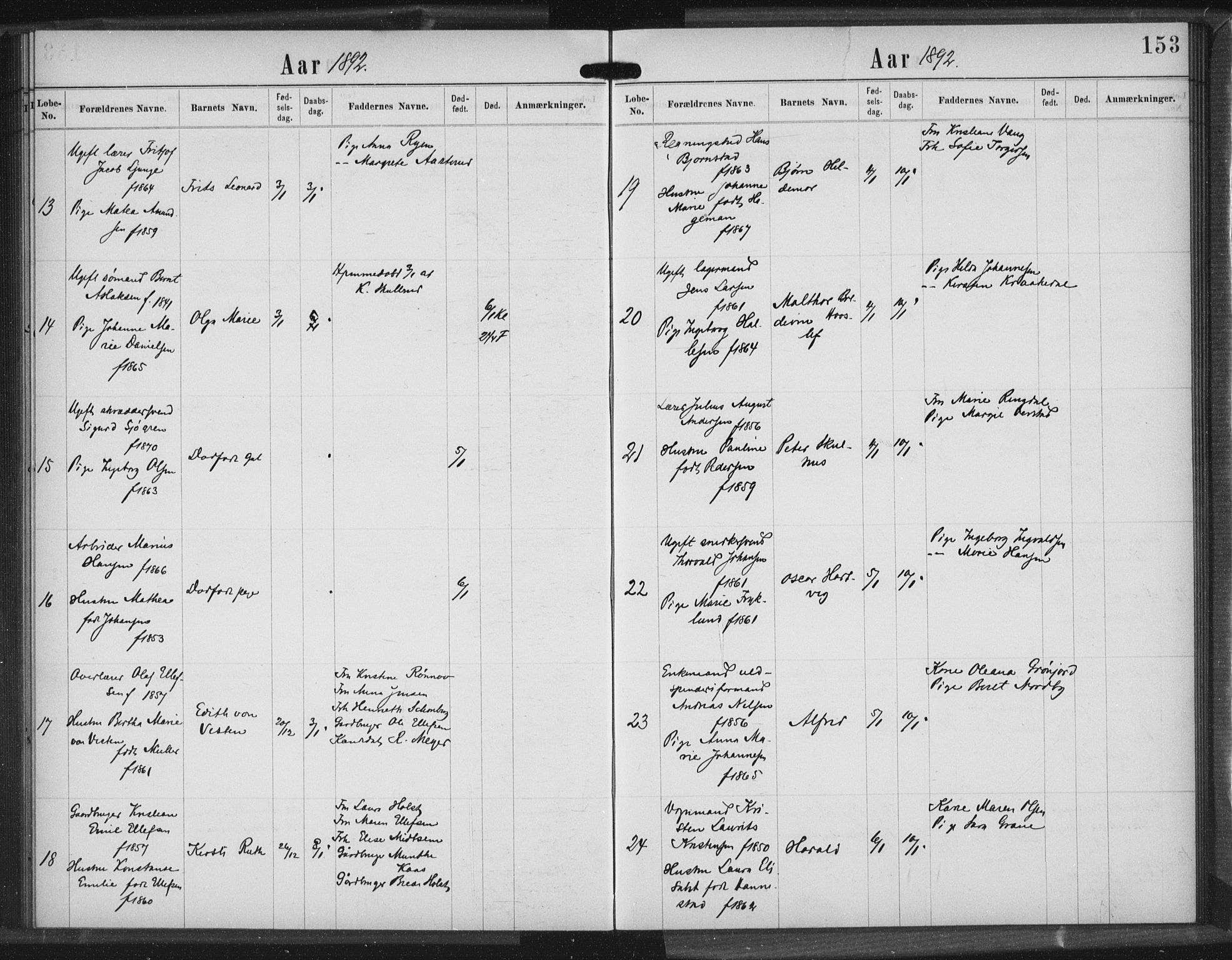 Rikshospitalet prestekontor Kirkebøker, SAO/A-10309b/K/L0003/0003: Baptism register no. 3.3, 1889-1892, p. 153