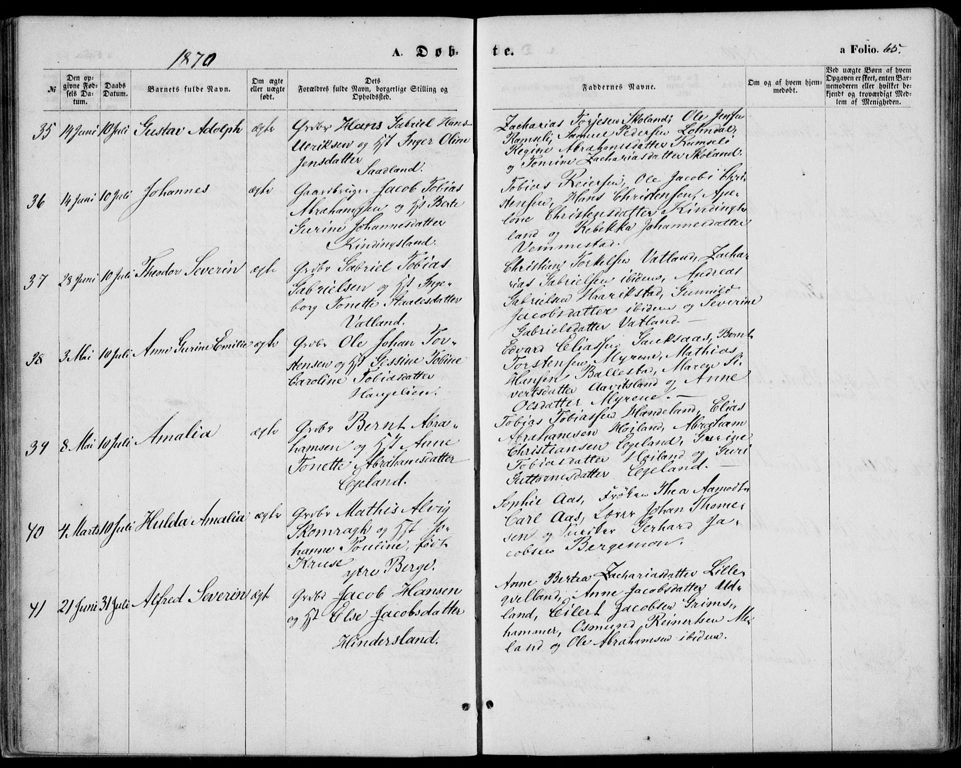 Lyngdal sokneprestkontor, AV/SAK-1111-0029/F/Fa/Fac/L0010: Parish register (official) no. A 10, 1865-1878, p. 65