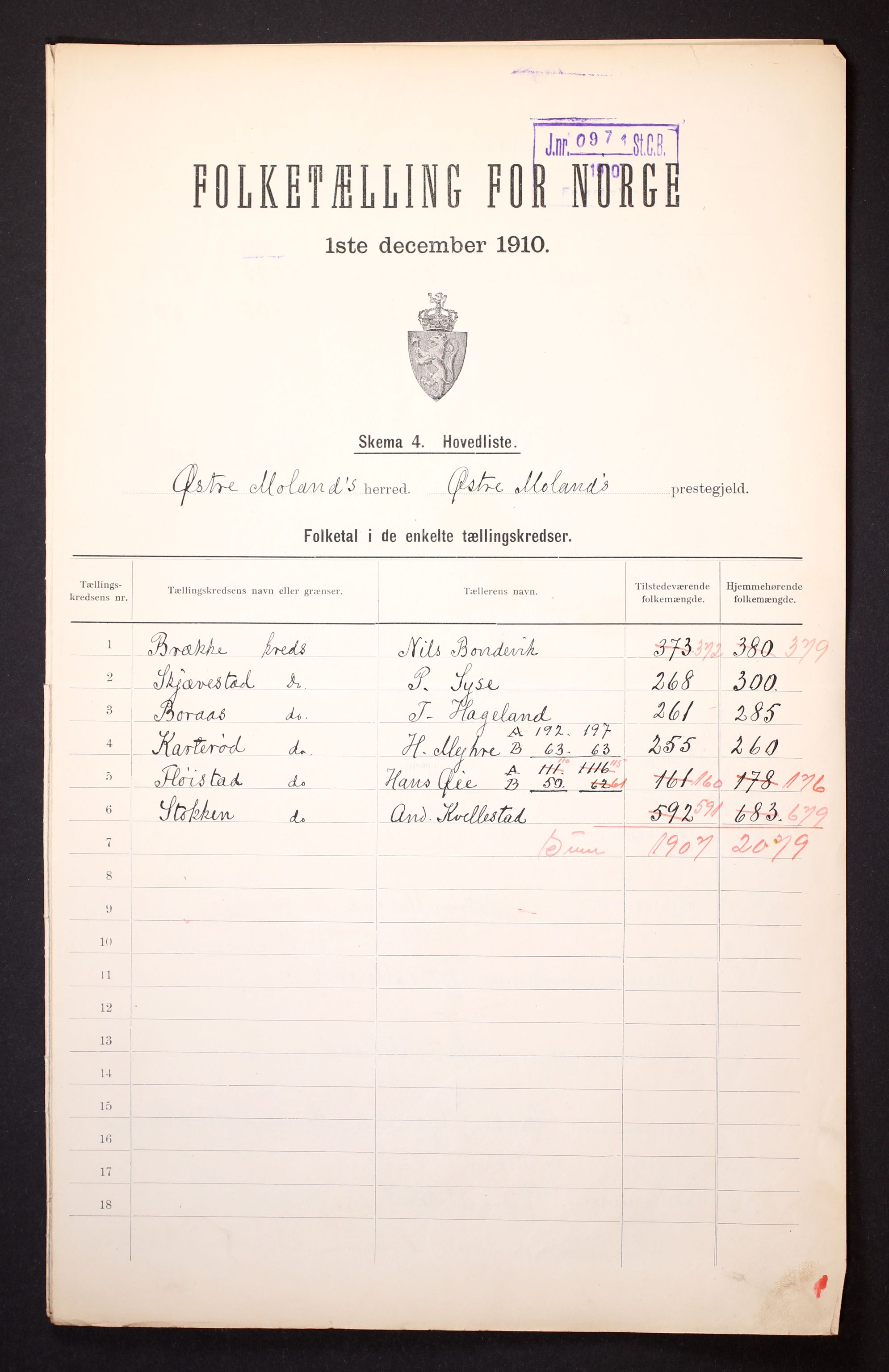 RA, 1910 census for Austre Moland, 1910, p. 2