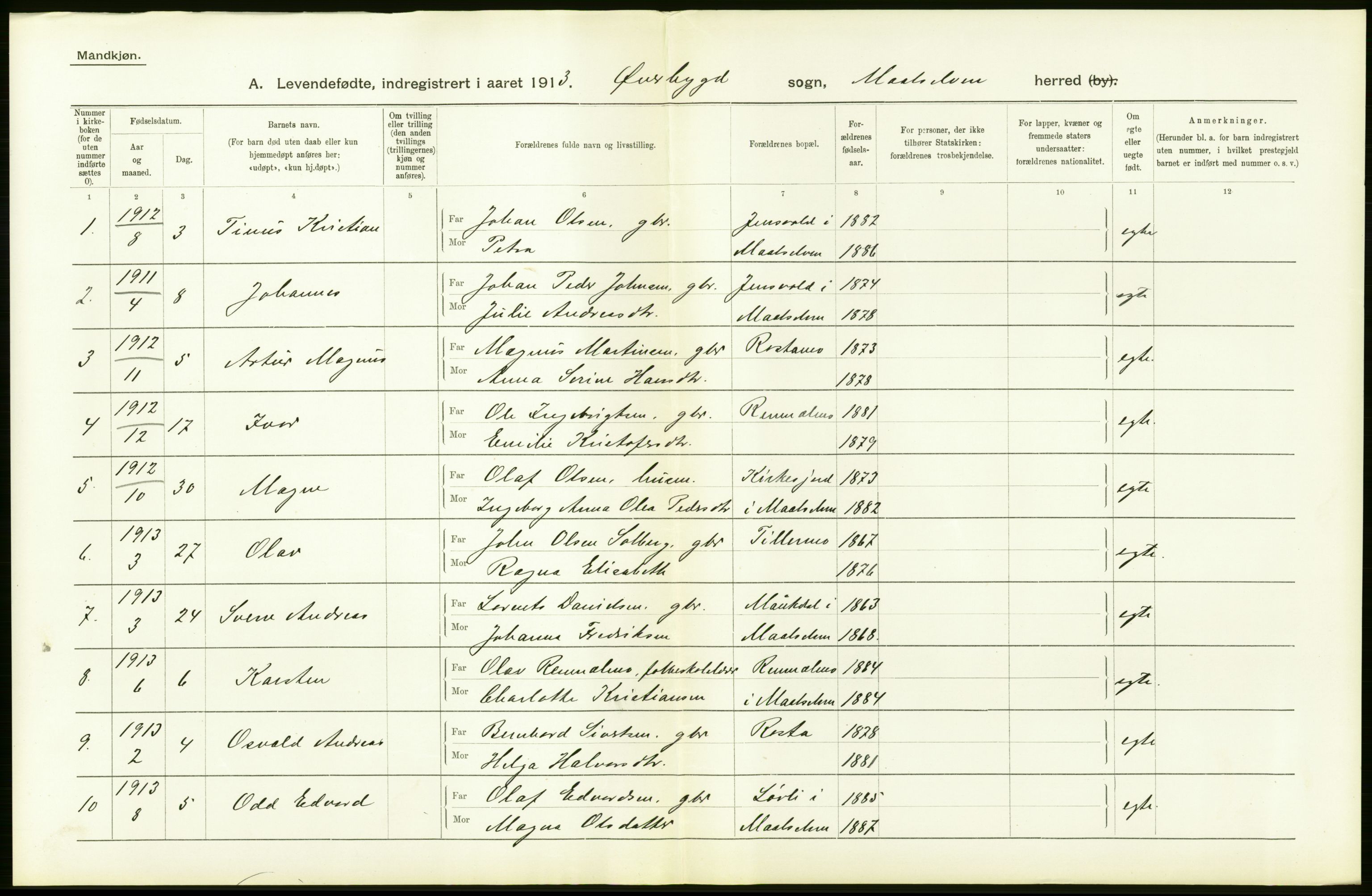 Statistisk sentralbyrå, Sosiodemografiske emner, Befolkning, RA/S-2228/D/Df/Dfb/Dfbc/L0046: Tromsø amt: Levendefødte menn og kvinner. Bygder og byer., 1913, p. 74