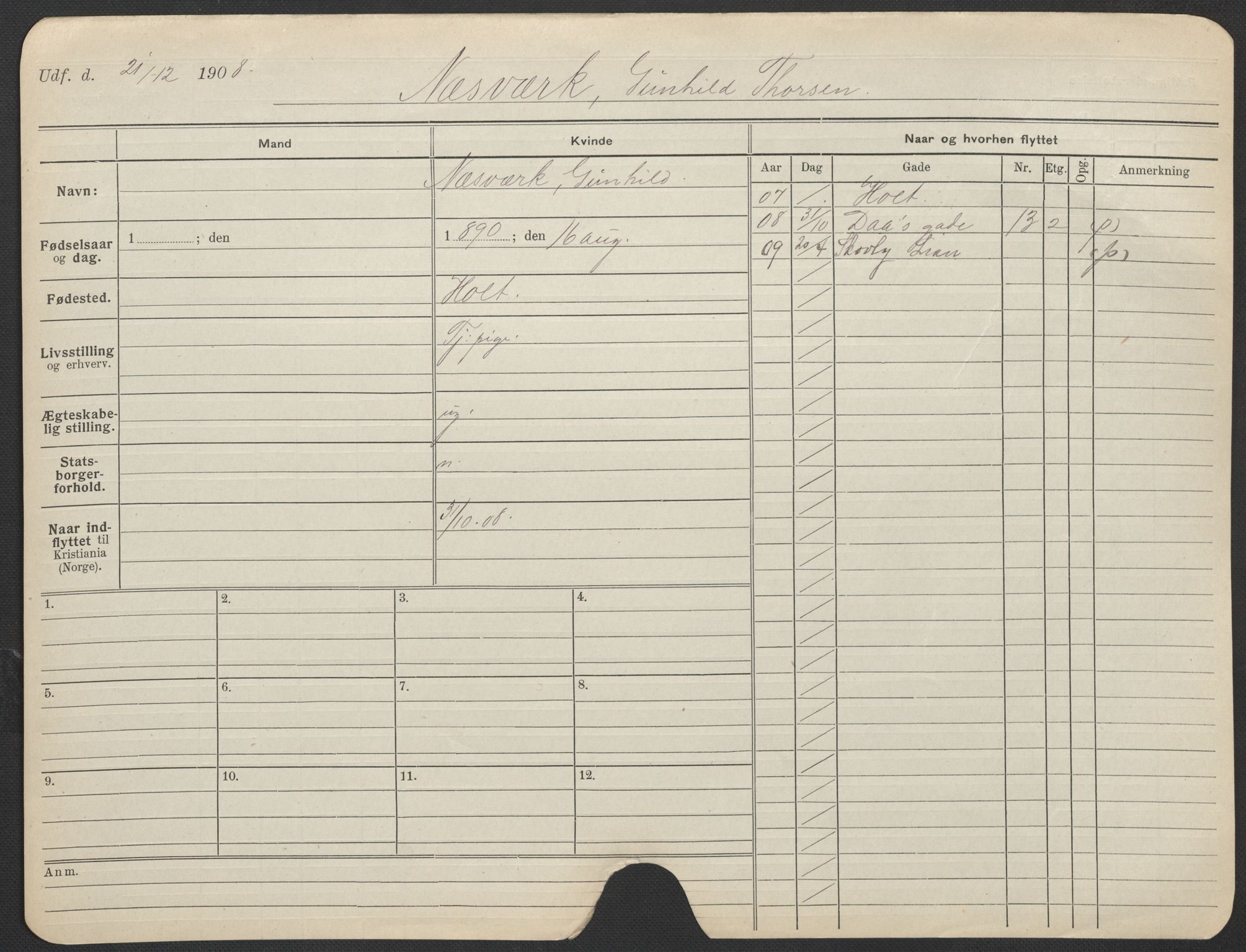 Oslo folkeregister, Registerkort, AV/SAO-A-11715/F/Fa/Fac/L0021: Kvinner, 1906-1914, p. 101a