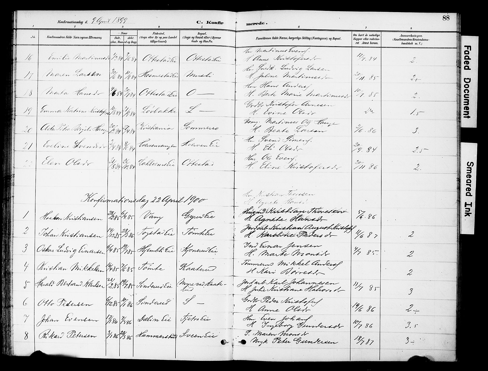 Stange prestekontor, SAH/PREST-002/K/L0021: Parish register (official) no. 21, 1891-1902, p. 88