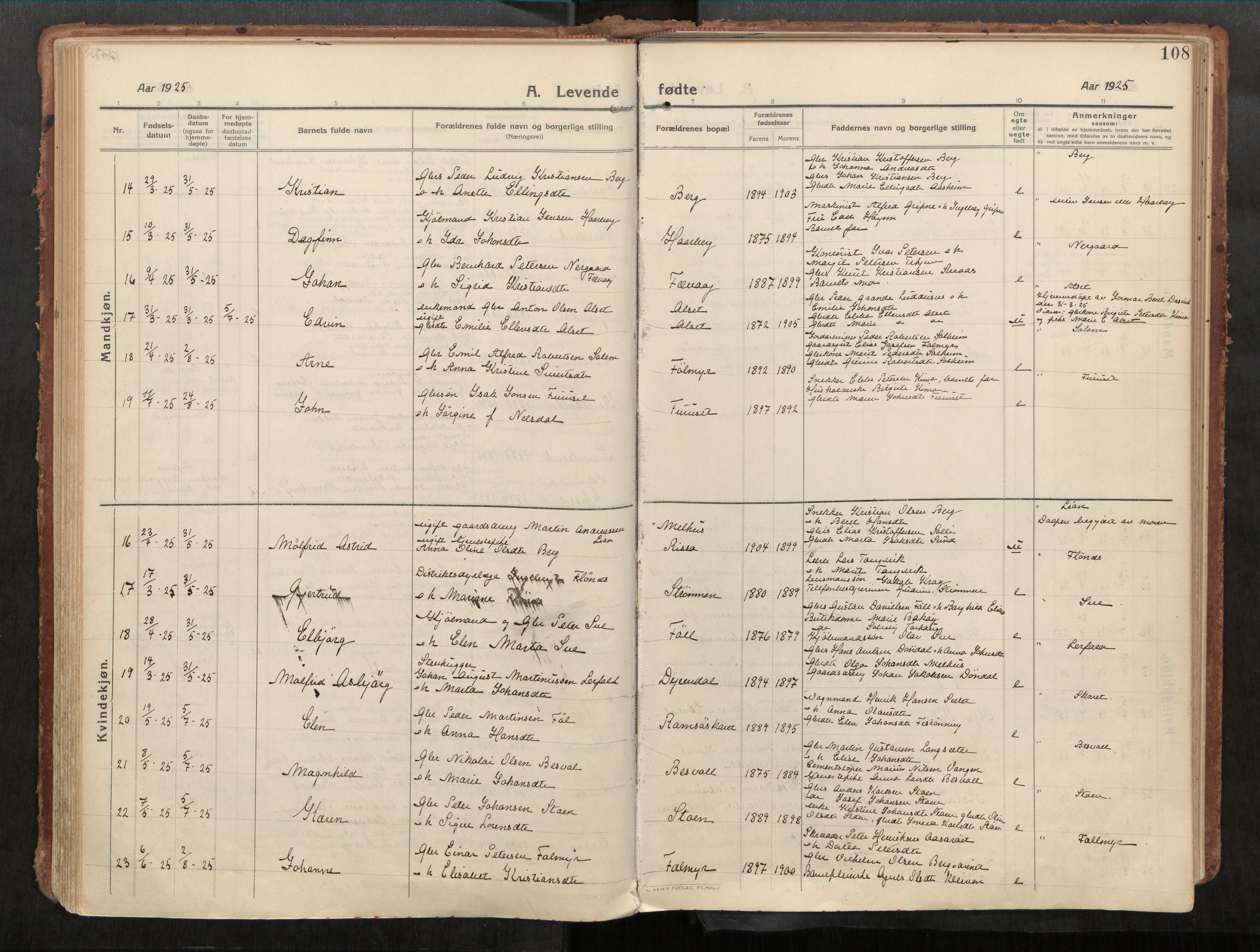 Stadsbygd sokneprestkontor, AV/SAT-A-1117/1/I/I1/I1a/L0001: Parish register (official) no. 1, 1911-1929, p. 108