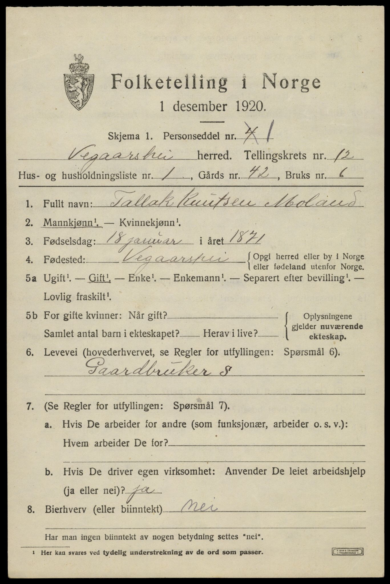 SAK, 1920 census for Vegårshei, 1920, p. 3788