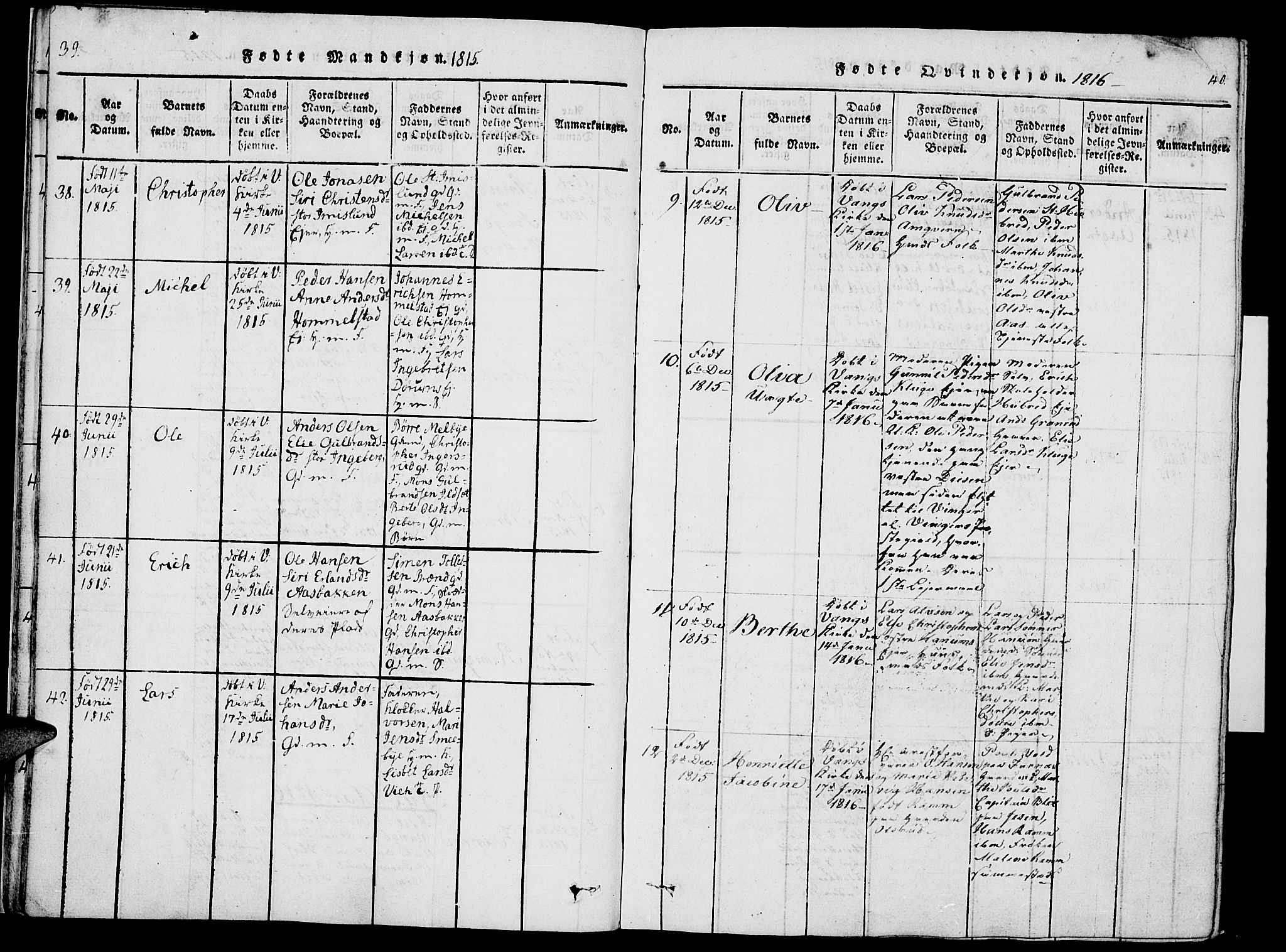 Vang prestekontor, Hedmark, SAH/PREST-008/H/Ha/Haa/L0007: Parish register (official) no. 7, 1813-1826, p. 39-40