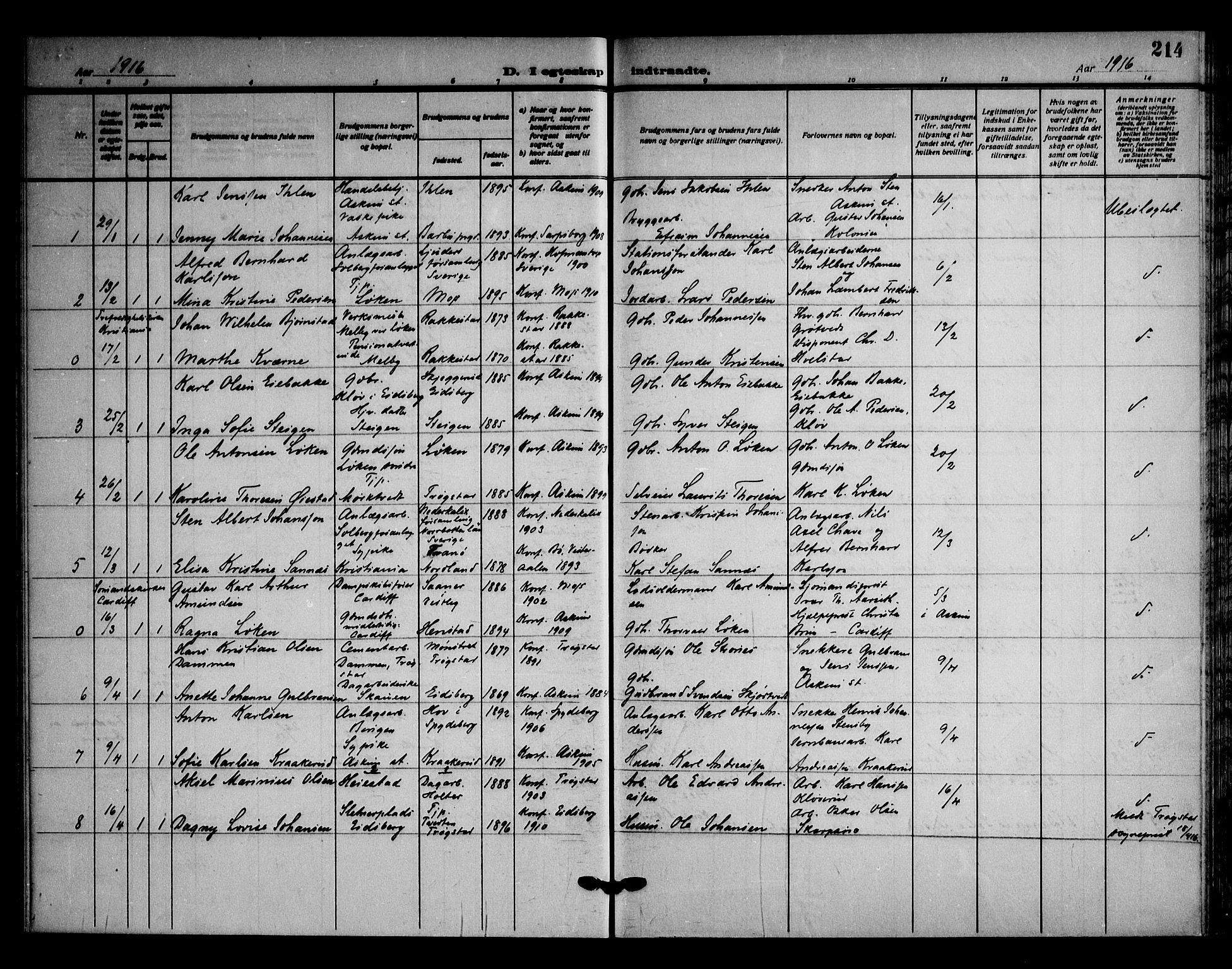 Askim prestekontor Kirkebøker, AV/SAO-A-10900/F/Fa/L0009: Parish register (official) no. 9, 1913-1923, p. 214