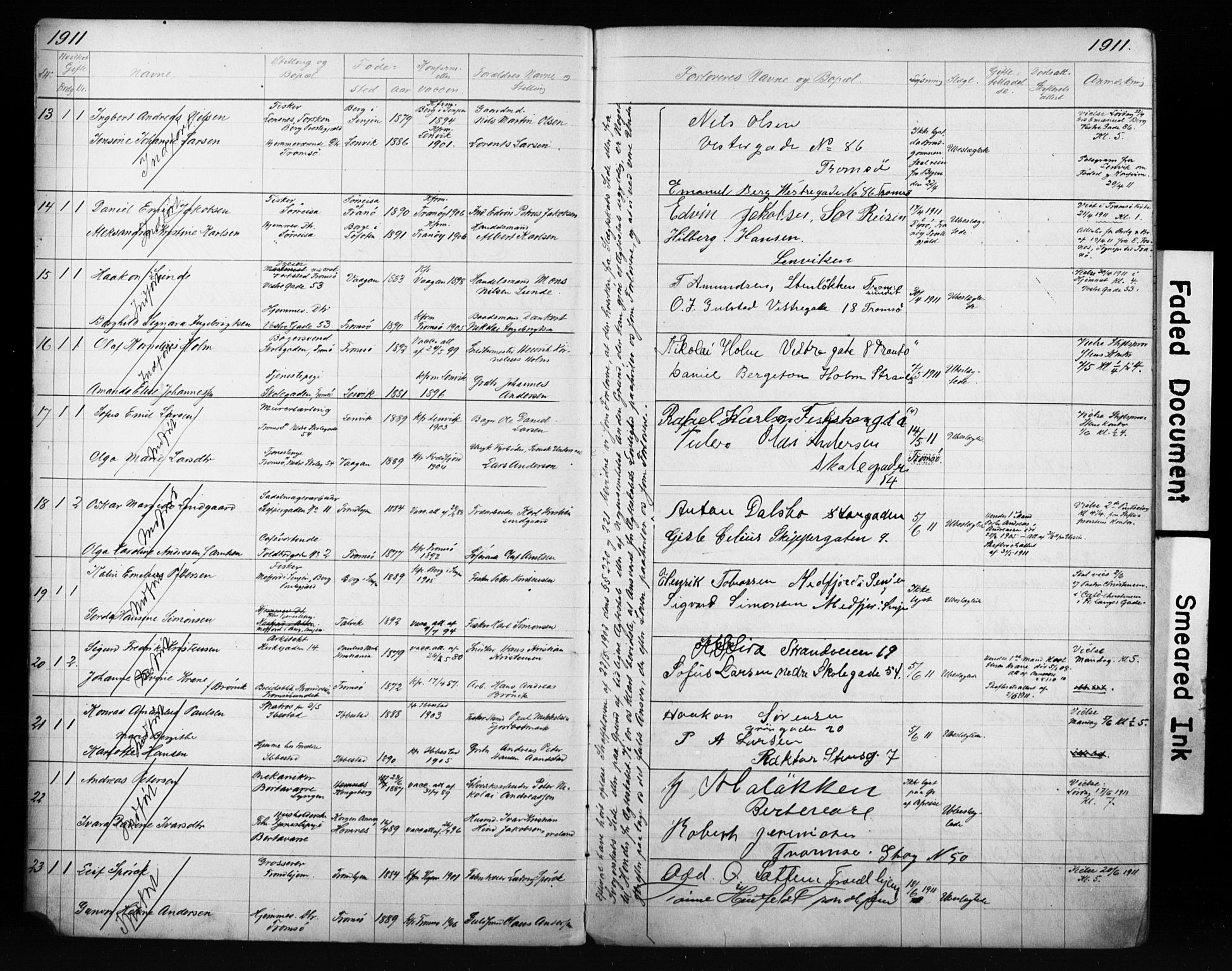 Tromsø sokneprestkontor/stiftsprosti/domprosti, AV/SATØ-S-1343/H/Hc/L0099/0007: Banns register no. 99.7, 1911-1915