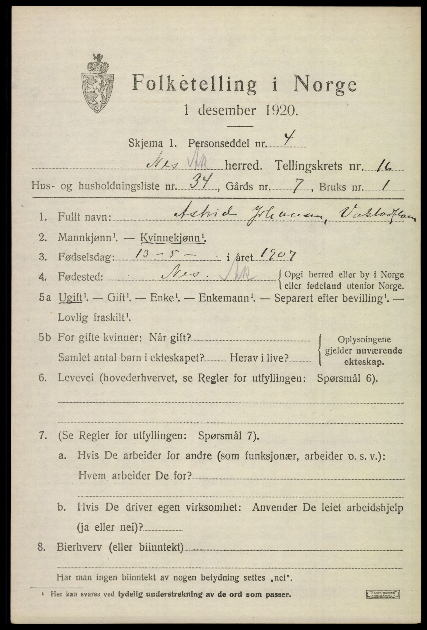 SAO, 1920 census for Nes, 1920, p. 16148