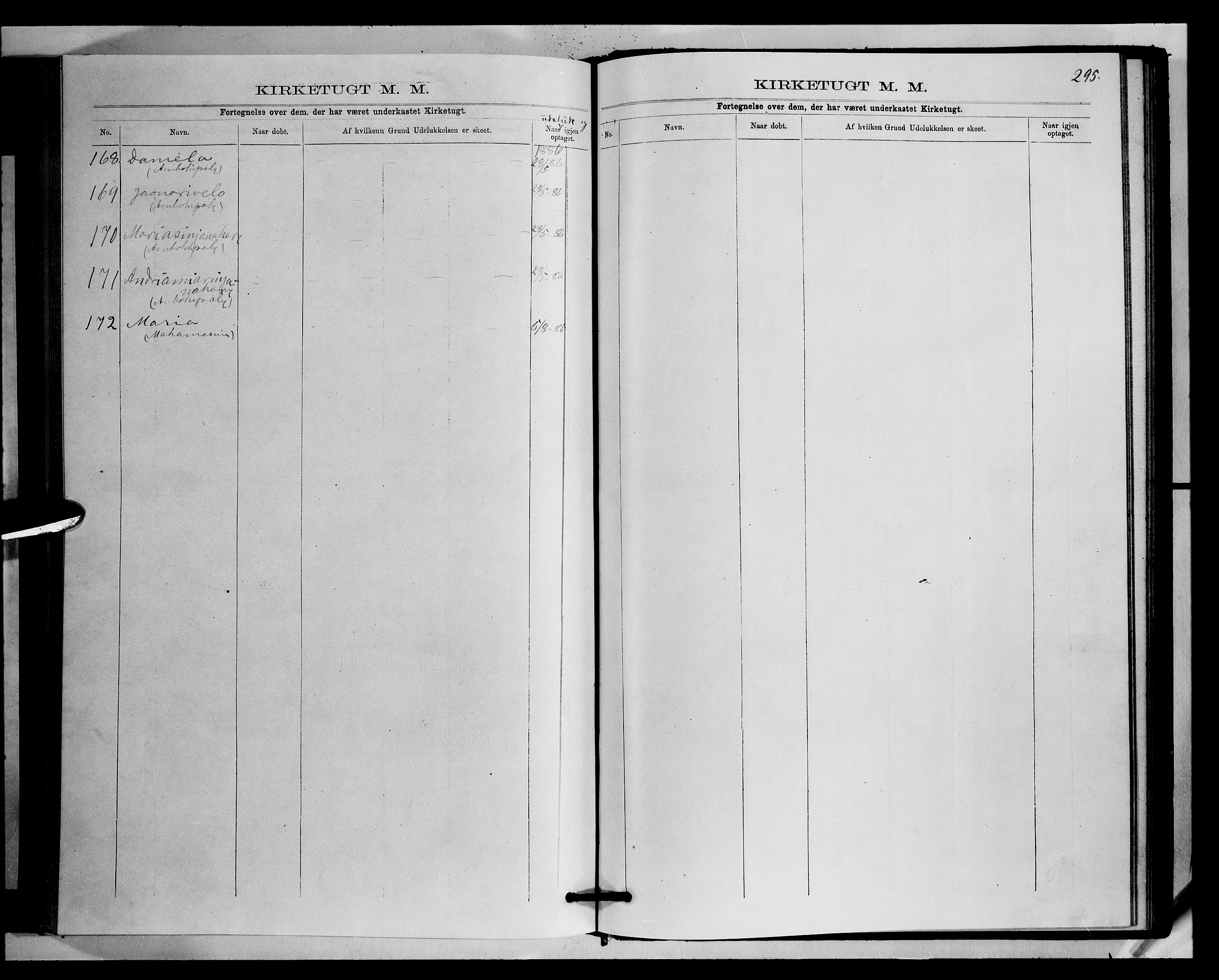Archives FLM/NMS, Madagaskar, VID/MA-A-1163/D/Db/L0270: Parish register (official) no. 2, 1883-1886, p. 295