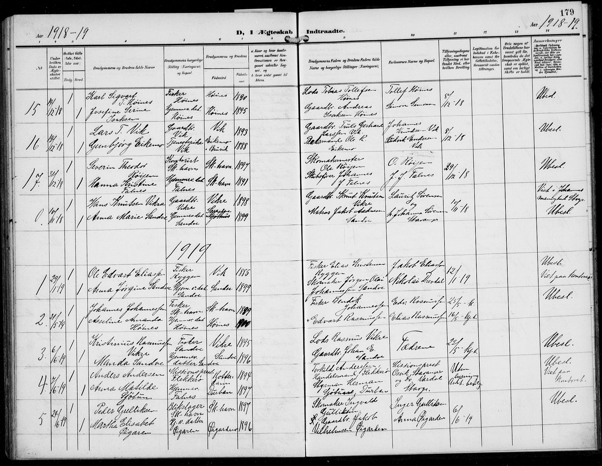 Skudenes sokneprestkontor, SAST/A -101849/H/Ha/Hab/L0009: Parish register (copy) no. B 9, 1908-1936, p. 179