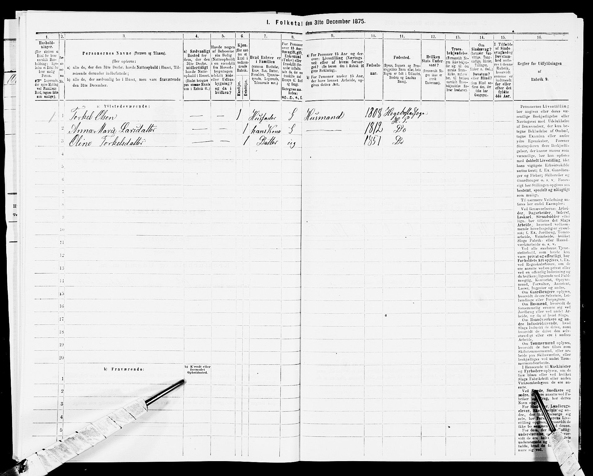 SAK, 1875 census for 1034P Hægebostad, 1875, p. 338