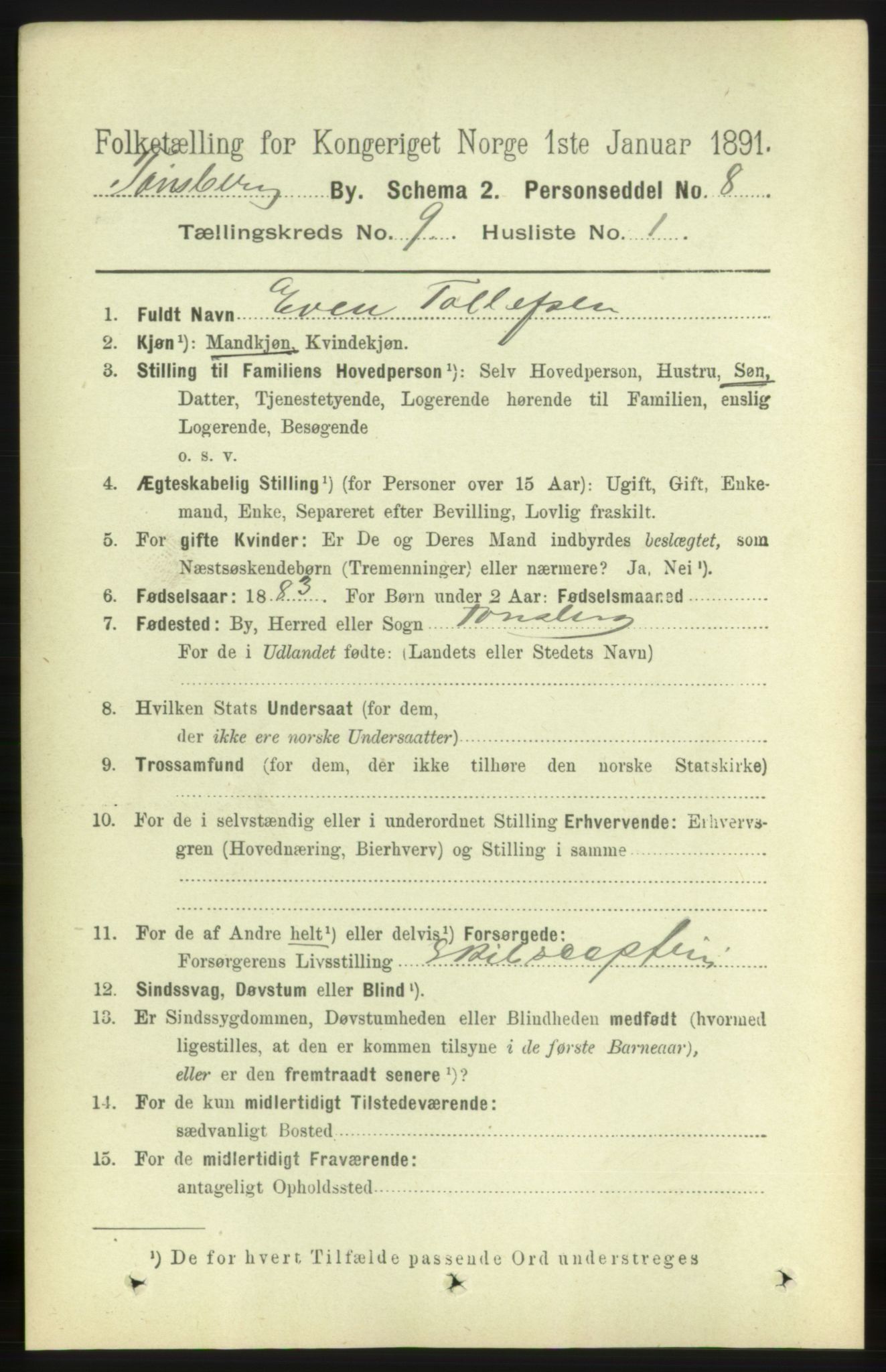 RA, 1891 census for 0705 Tønsberg, 1891, p. 3284