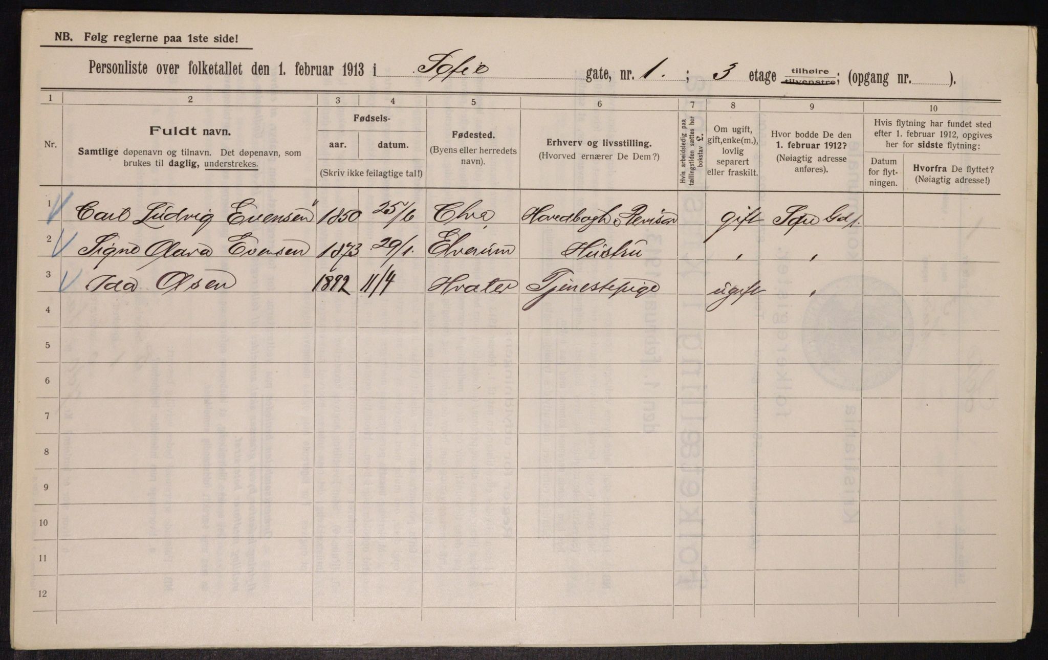 OBA, Municipal Census 1913 for Kristiania, 1913, p. 98697