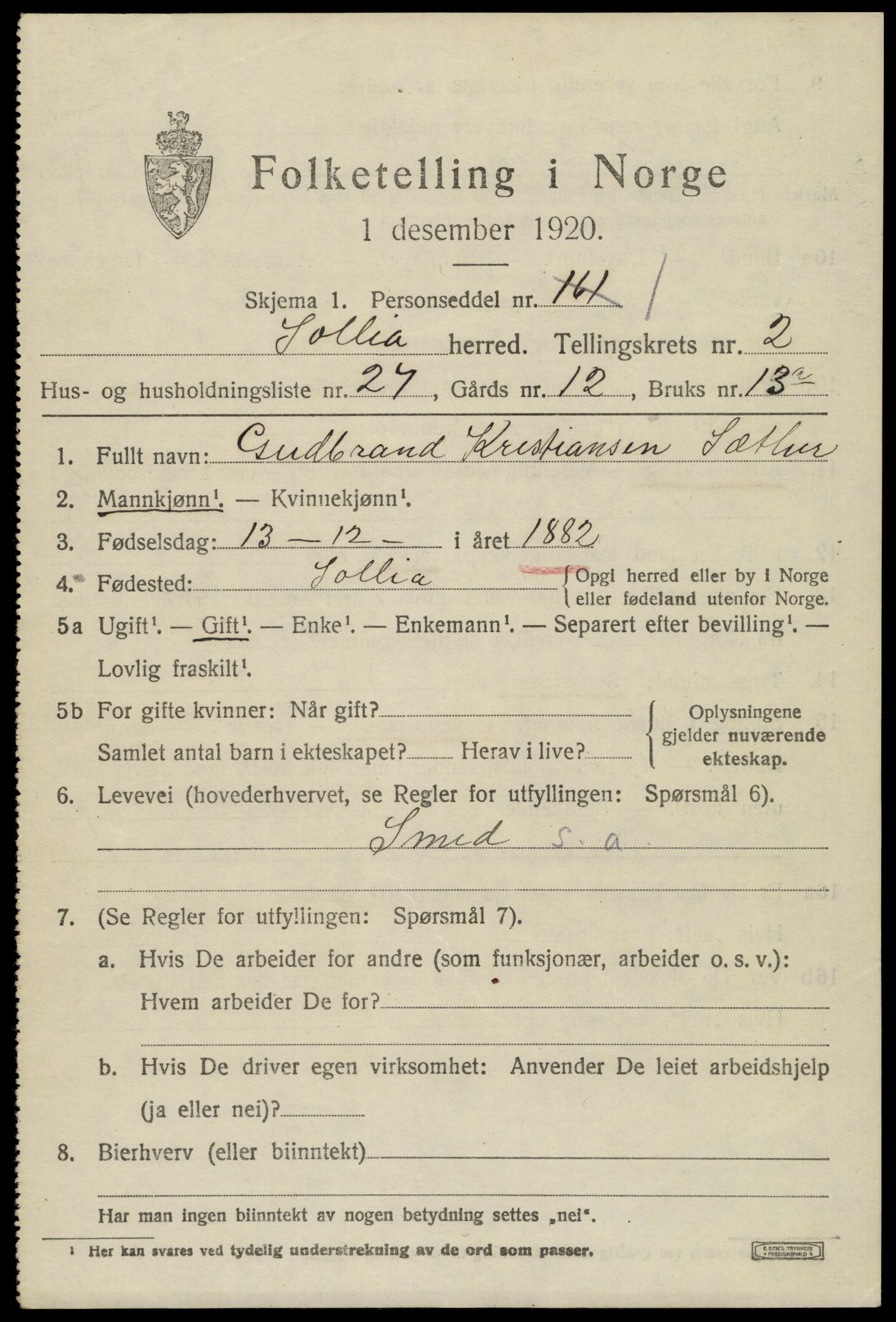 SAH, 1920 census for Sollia, 1920, p. 621