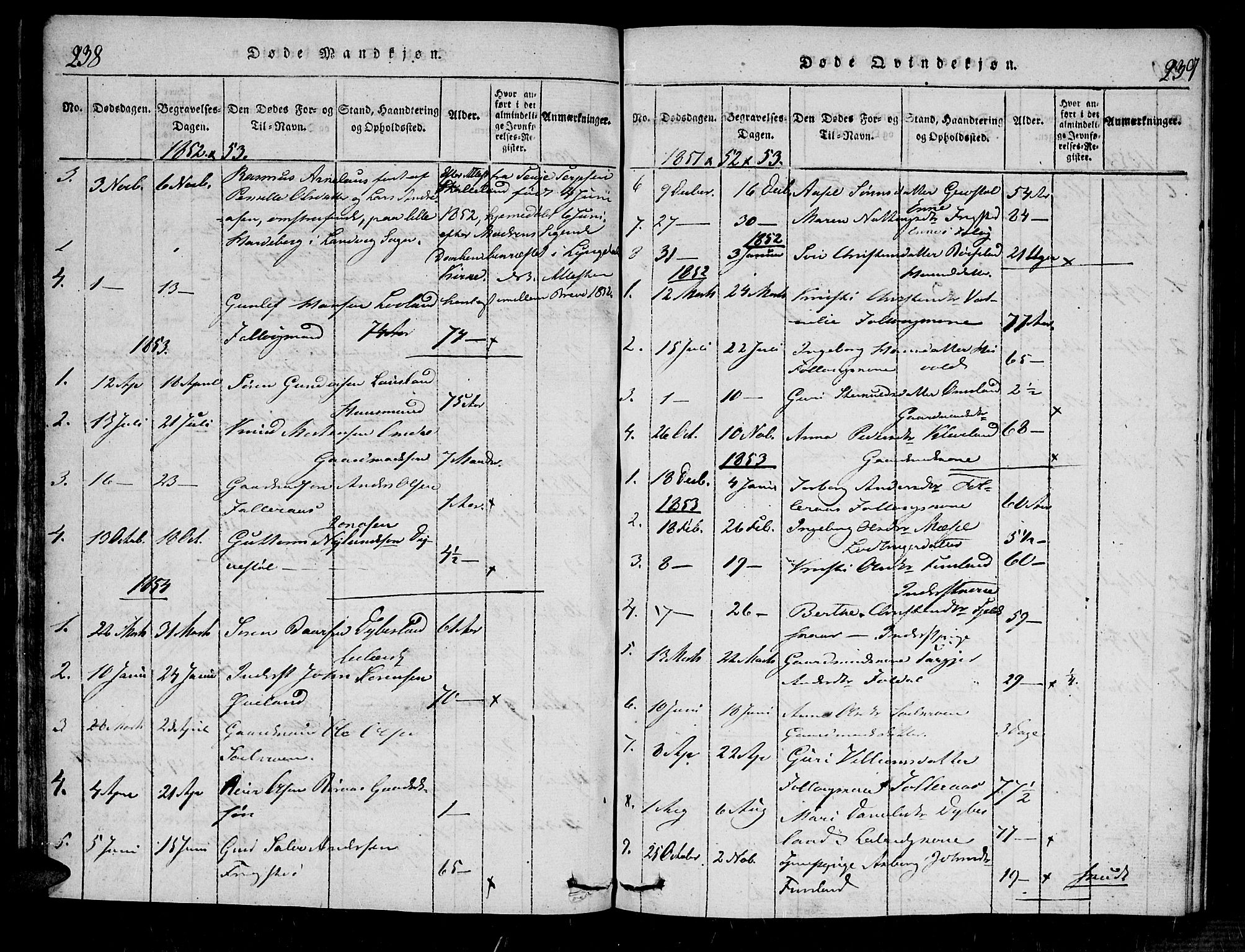 Bjelland sokneprestkontor, SAK/1111-0005/F/Fa/Fab/L0002: Parish register (official) no. A 2, 1816-1869, p. 238-239