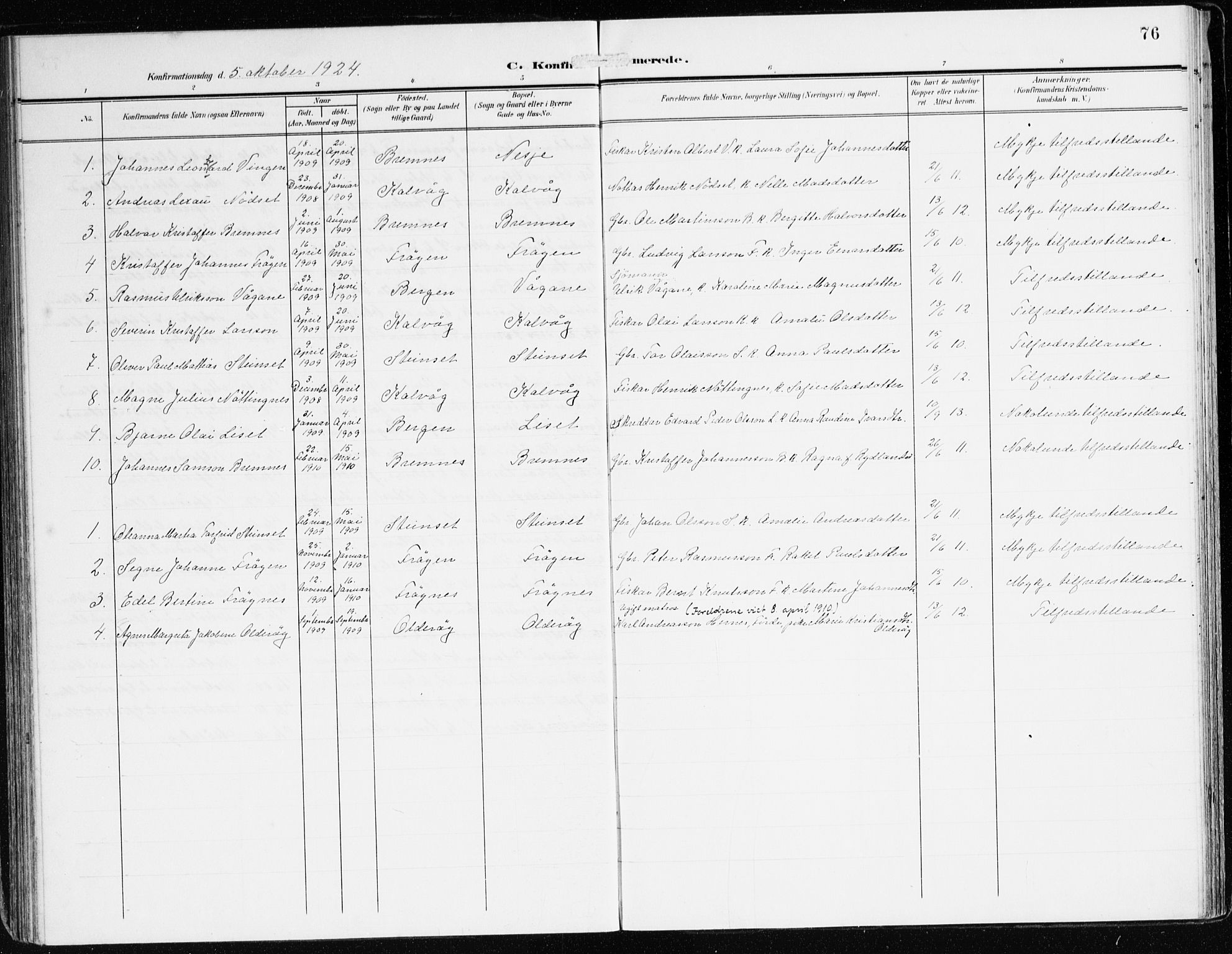 Bremanger sokneprestembete, AV/SAB-A-82201/H/Haa/Haab/L0003: Parish register (official) no. B 3, 1908-1925, p. 76