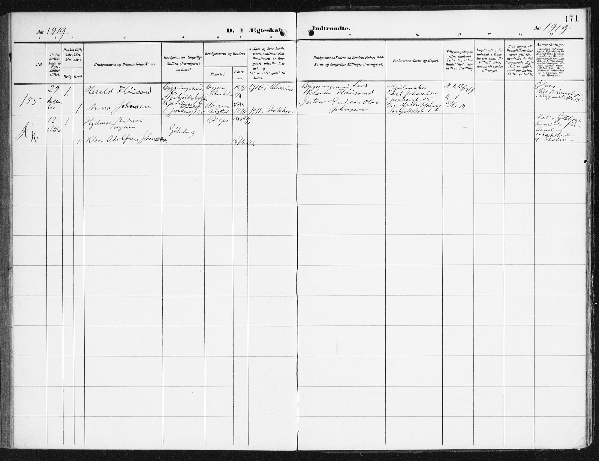 Domkirken sokneprestembete, AV/SAB-A-74801/H/Haa/L0038: Parish register (official) no. D 5, 1906-1921, p. 171