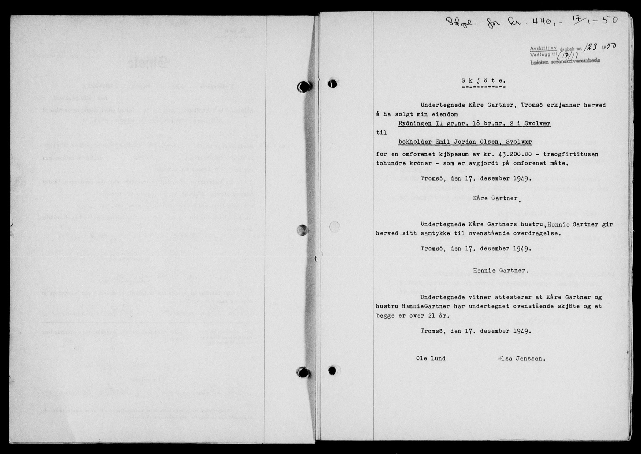 Lofoten sorenskriveri, SAT/A-0017/1/2/2C/L0022a: Mortgage book no. 22a, 1949-1950, Diary no: : 123/1950