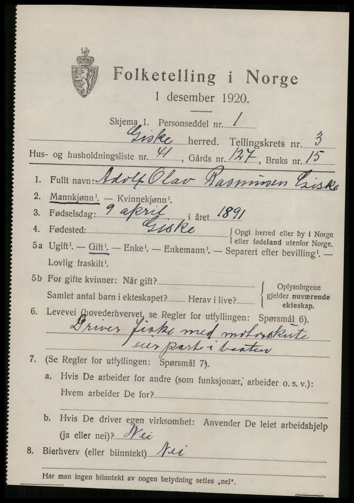 SAT, 1920 census for Giske, 1920, p. 2390