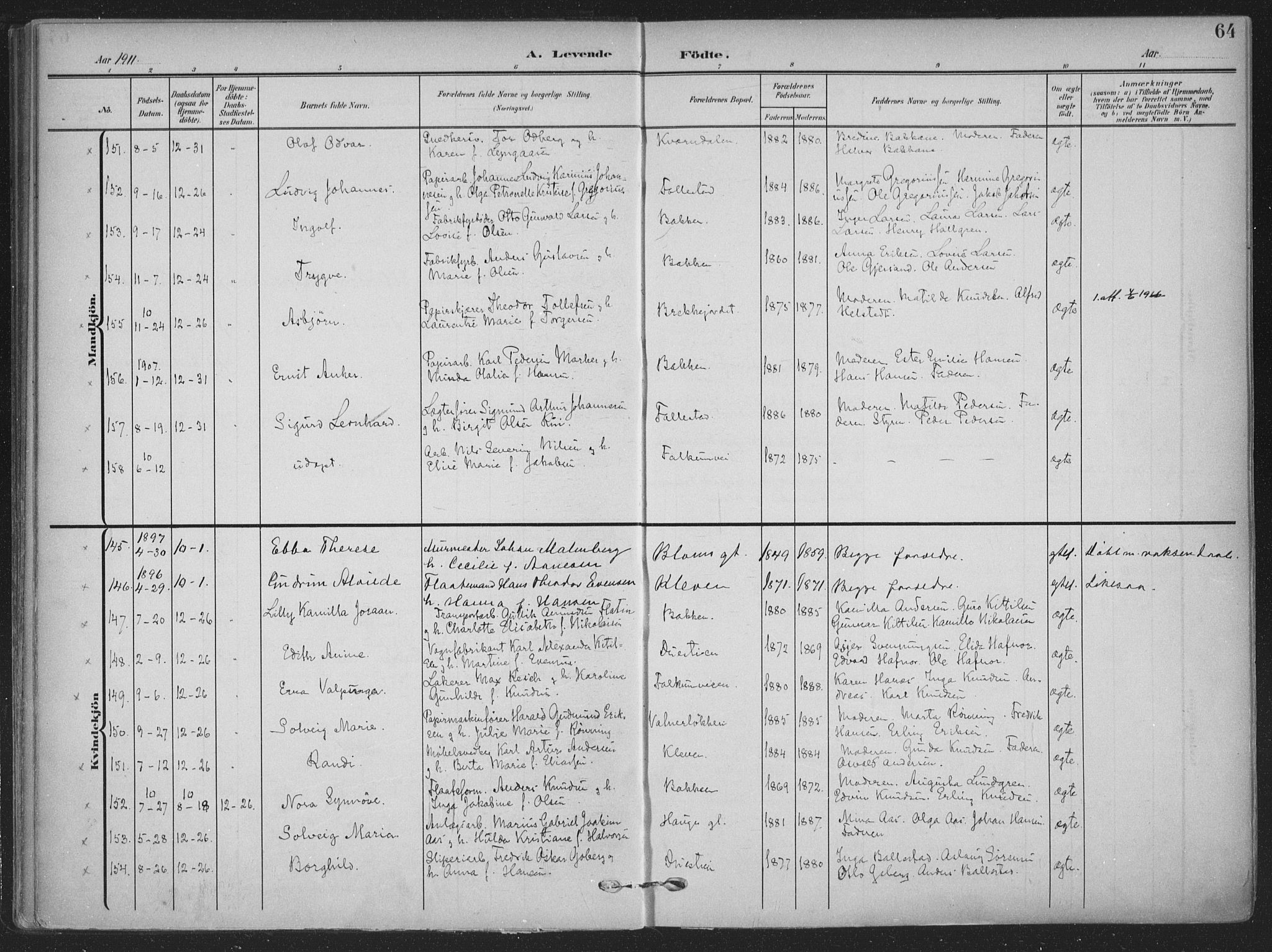 Skien kirkebøker, SAKO/A-302/F/Fa/L0012: Parish register (official) no. 12, 1908-1914, p. 64