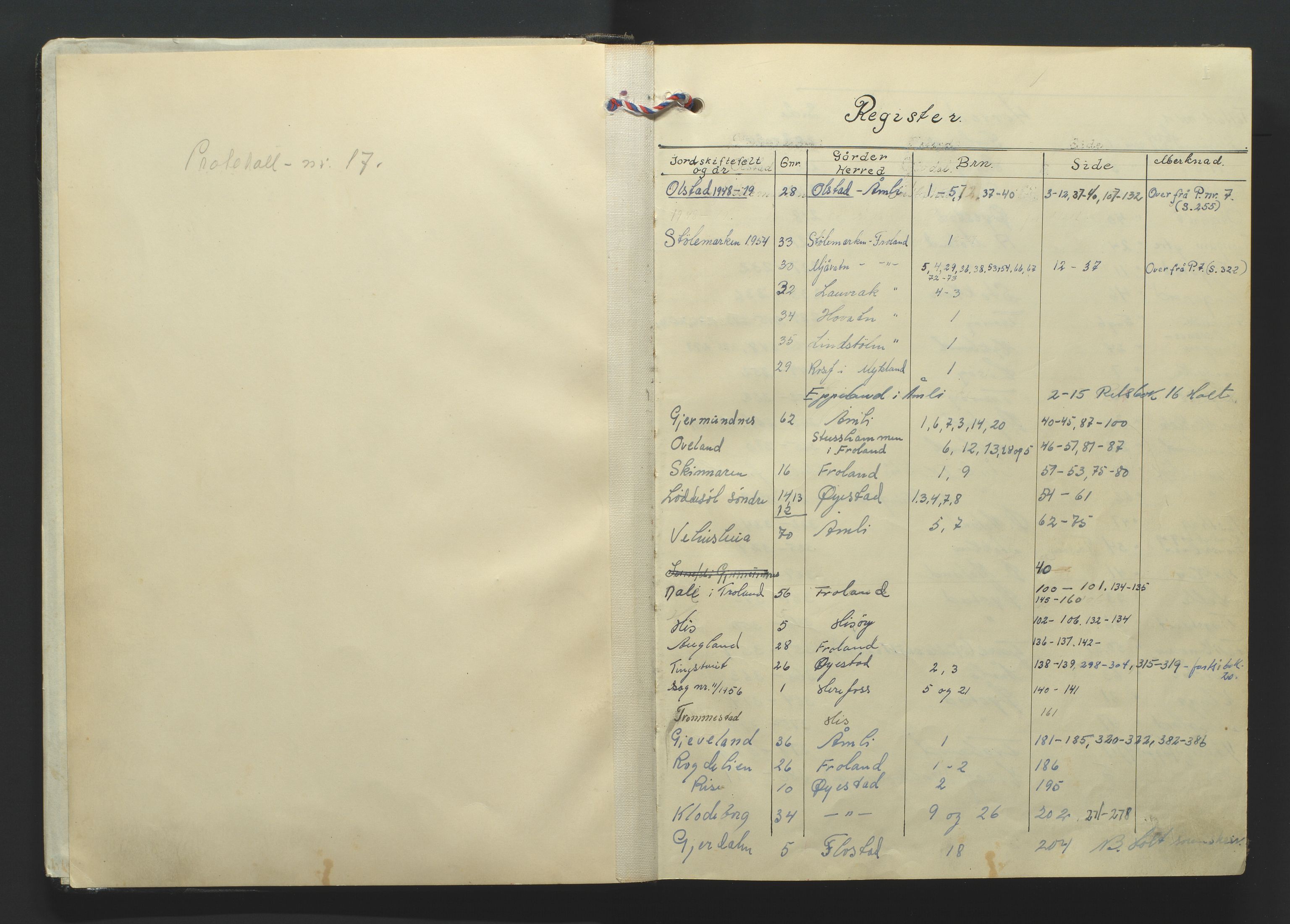 Nedenes jordskifterett, SAK/1541-0007/F/Fa/Faa/L0004: Jordskifteprotokoll med gårdsregister, Nedenes domssokn nr 17, 1954-1960