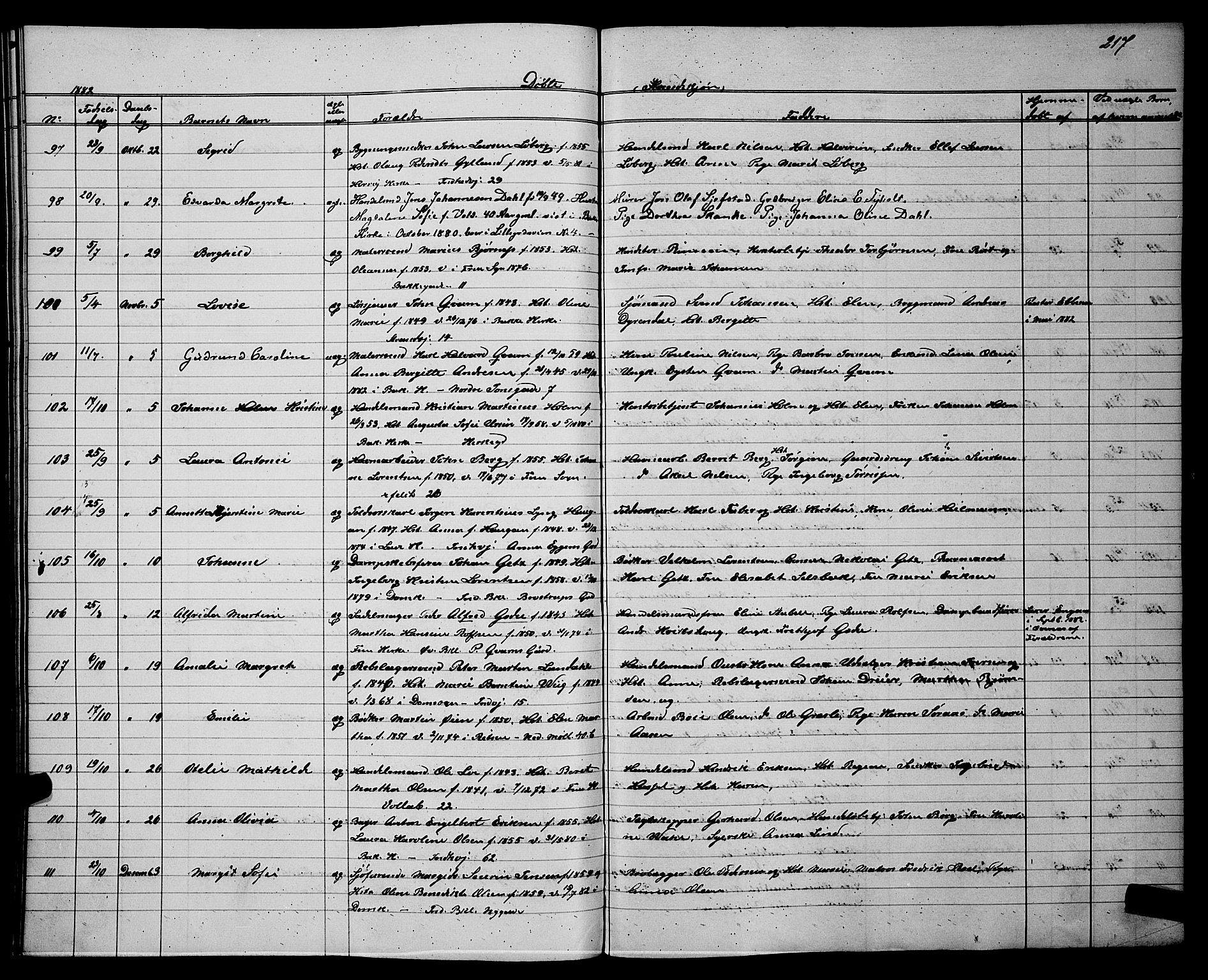 Ministerialprotokoller, klokkerbøker og fødselsregistre - Sør-Trøndelag, SAT/A-1456/604/L0220: Parish register (copy) no. 604C03, 1870-1885, p. 217