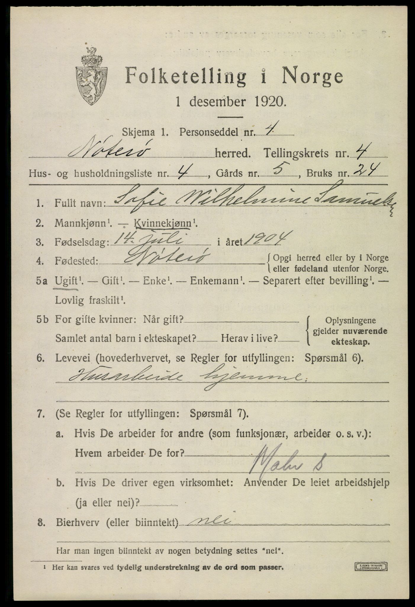 SAKO, 1920 census for Nøtterøy, 1920, p. 6707