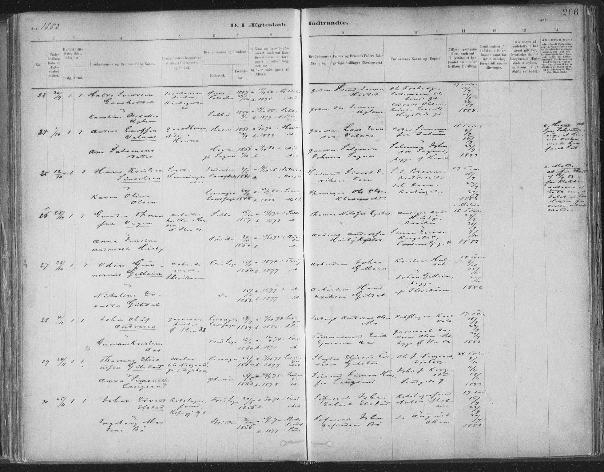 Ministerialprotokoller, klokkerbøker og fødselsregistre - Sør-Trøndelag, SAT/A-1456/603/L0162: Parish register (official) no. 603A01, 1879-1895, p. 206