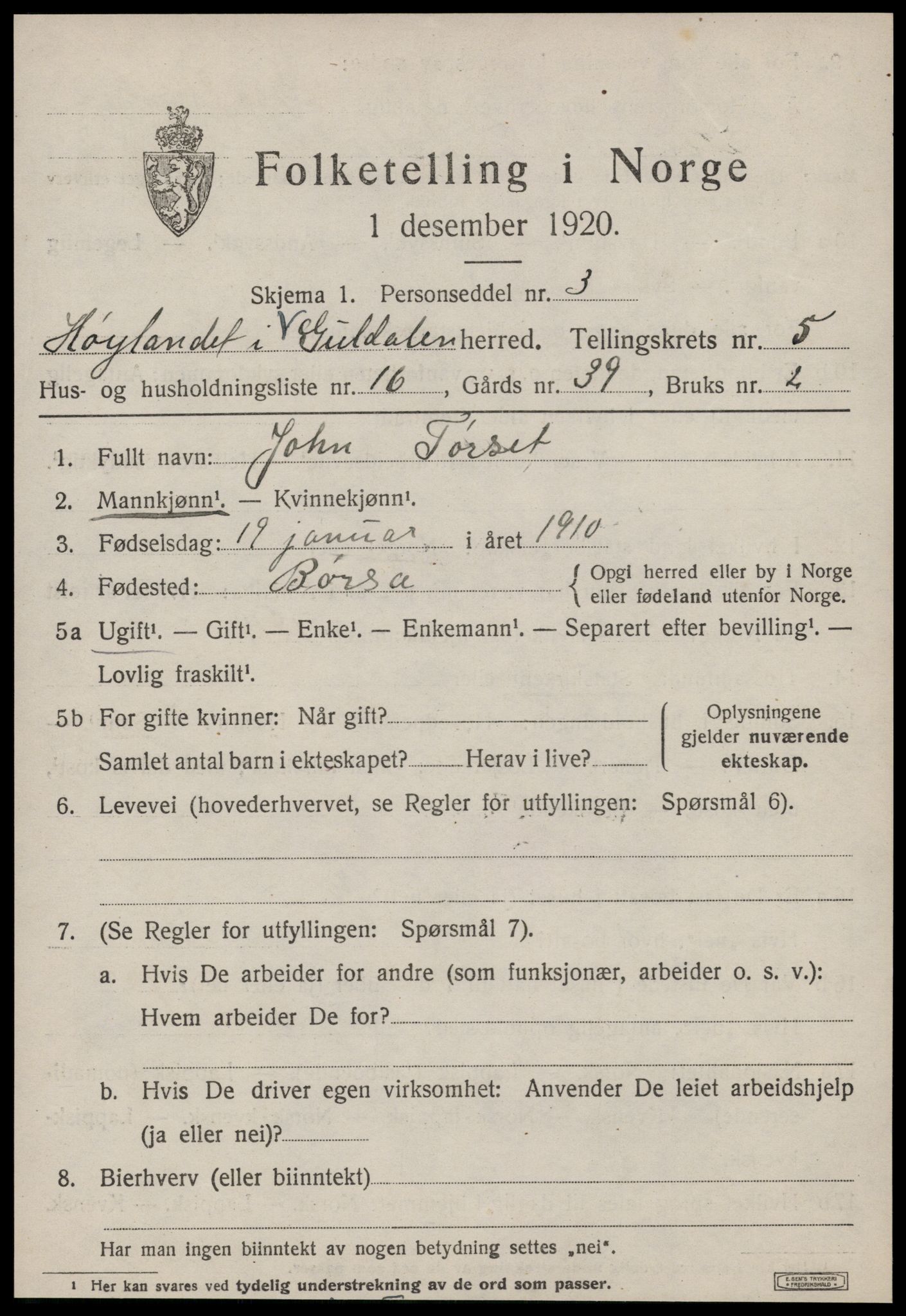 SAT, 1920 census for Hølonda, 1920, p. 2349