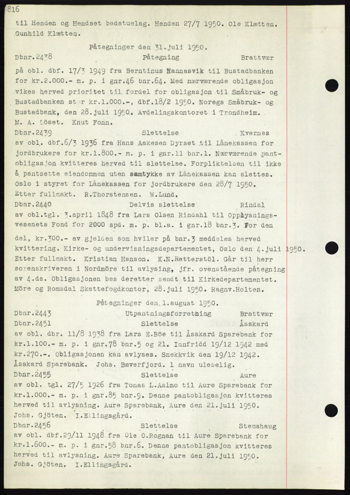 Nordmøre sorenskriveri, AV/SAT-A-4132/1/2/2Ca: Mortgage book no. C82b, 1946-1951, Diary no: : 2438/1950