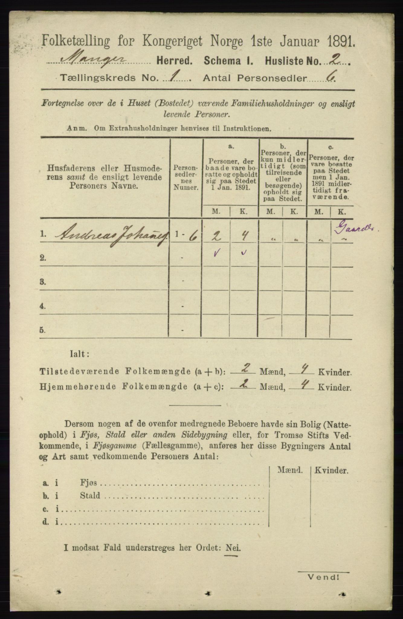 RA, 1891 census for 1261 Manger, 1891, p. 37