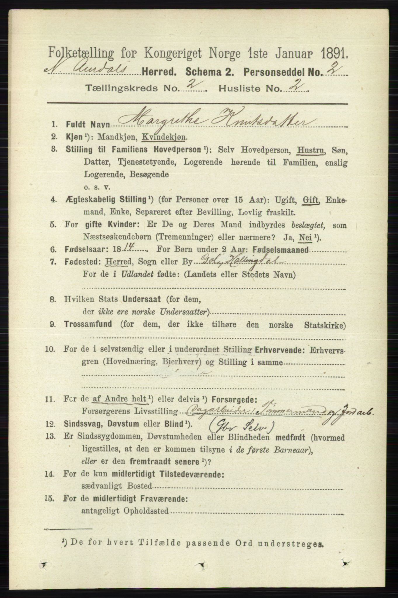 RA, 1891 census for 0542 Nord-Aurdal, 1891, p. 601