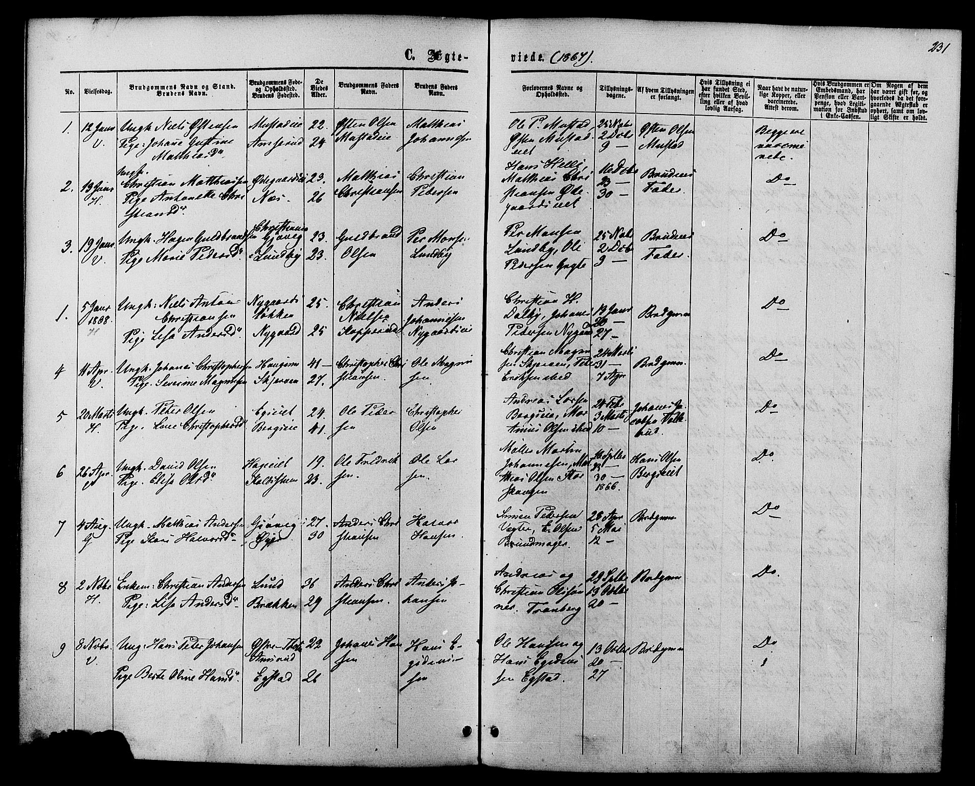Vardal prestekontor, SAH/PREST-100/H/Ha/Haa/L0007: Parish register (official) no. 7, 1867-1878, p. 231