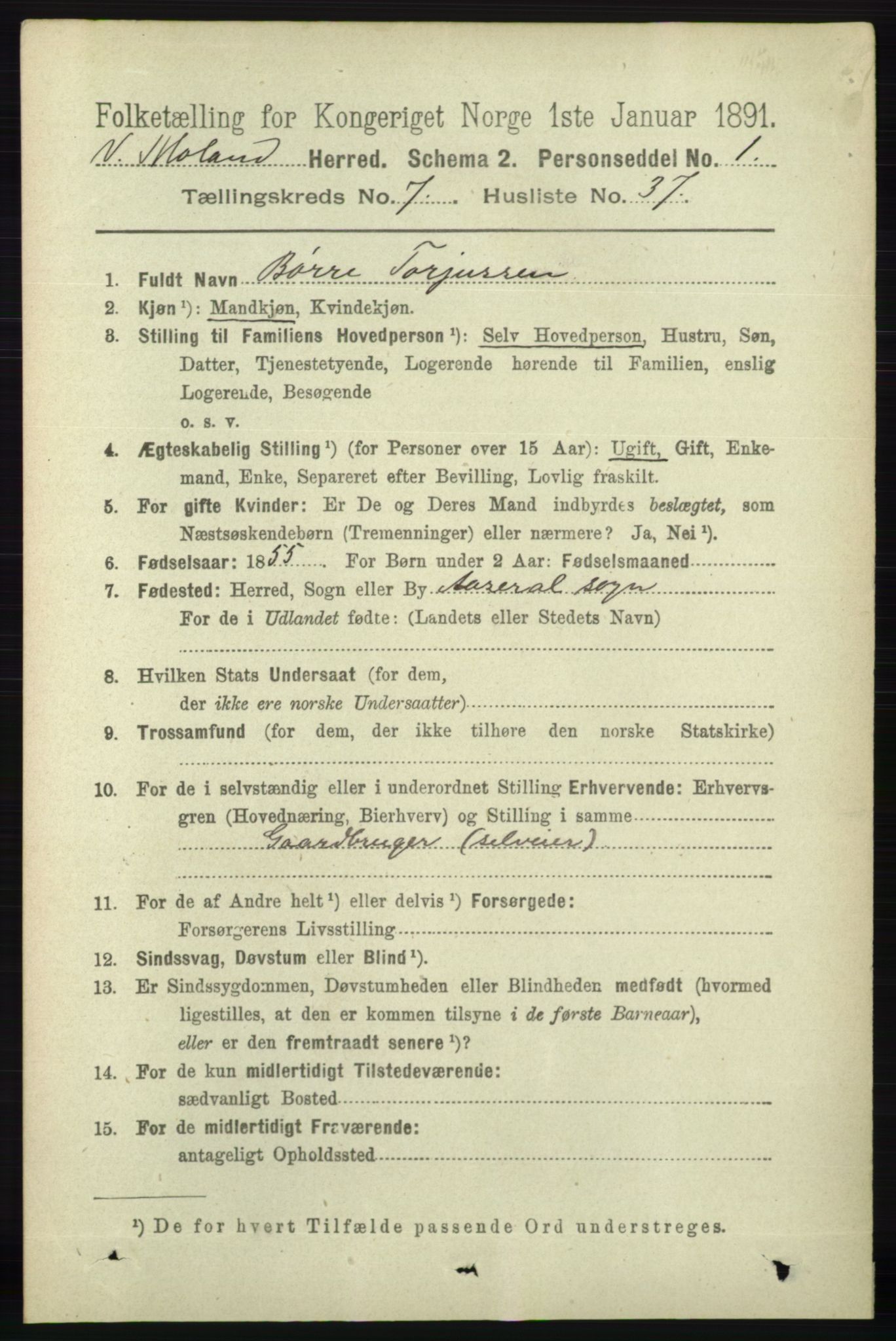 RA, 1891 census for 0926 Vestre Moland, 1891, p. 2965